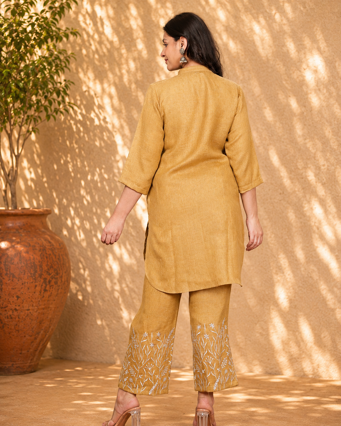 Mustard Linen Blend Co-ord Set with Floral Motif Embroidery