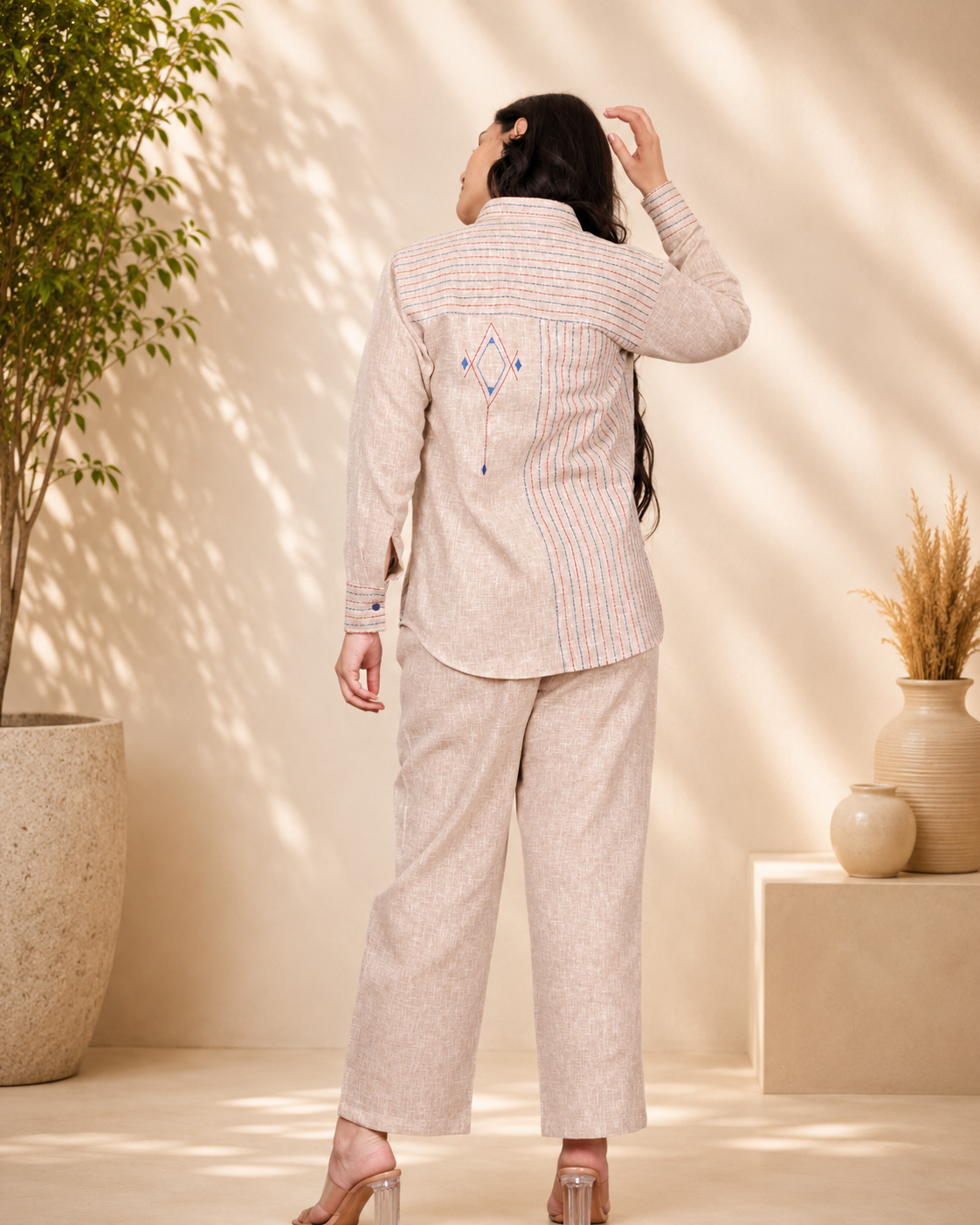 Beige Linen Blend Shirt Co-ord Set with Front & Back Embroidery