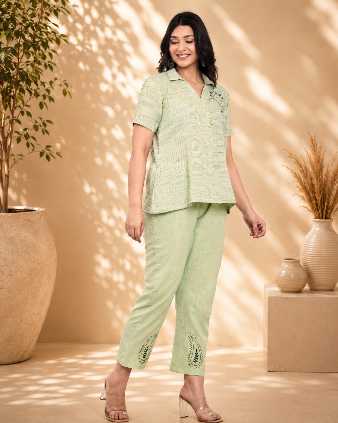 Pista Green Handwoven Khadi Co-ord Set with Paisley Embroidery