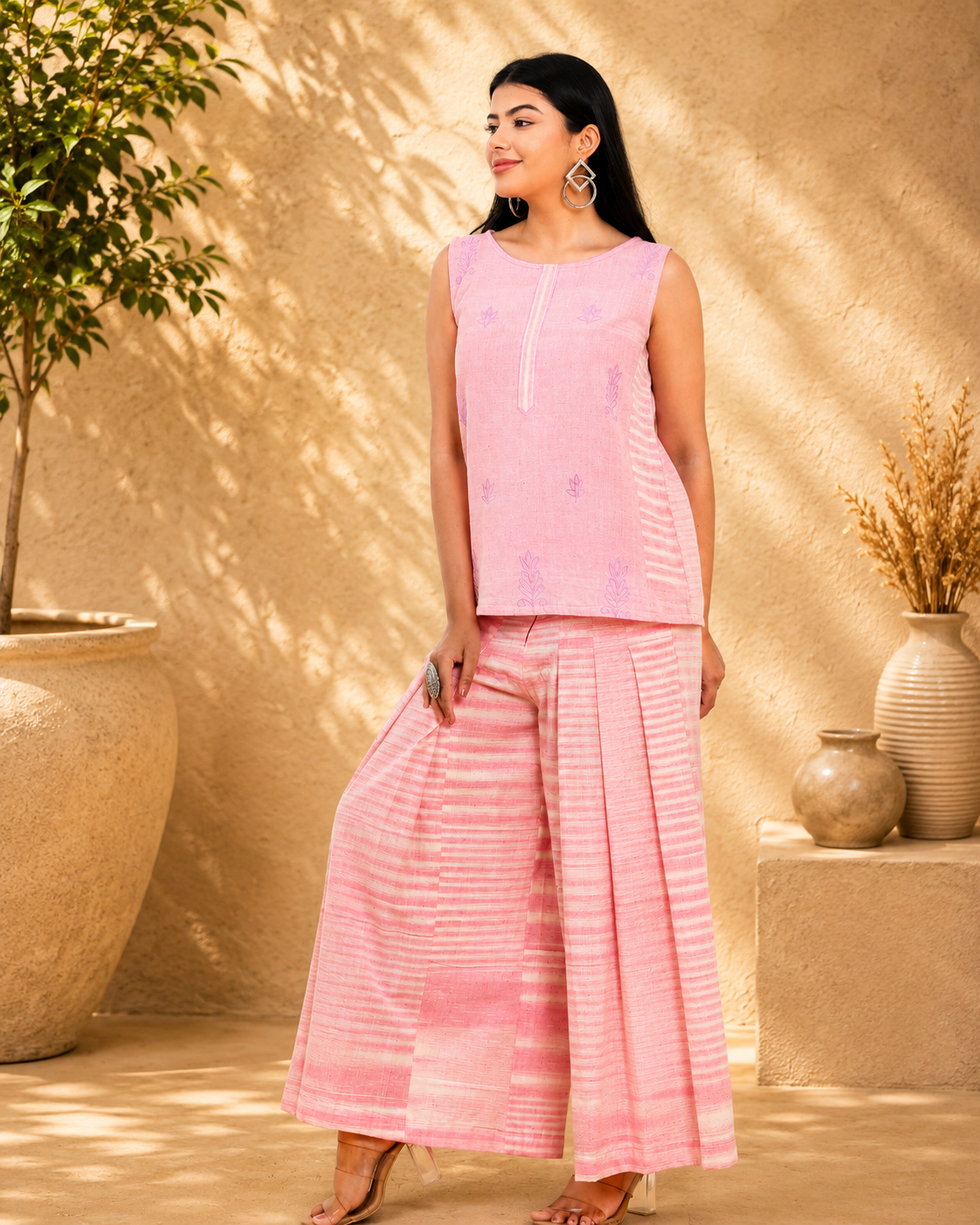 Blush Pink Handwoven Khadi Co-ord Set with Tonal Embroidery