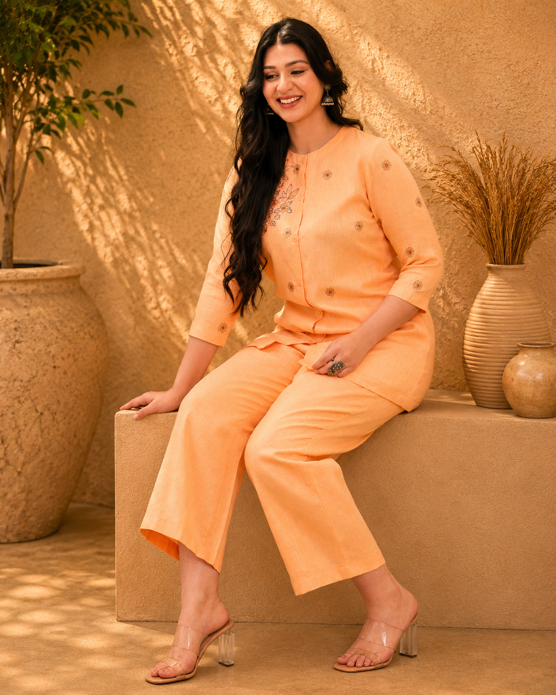 Peach Hand Embroidered Linen Blend Co-ord Set