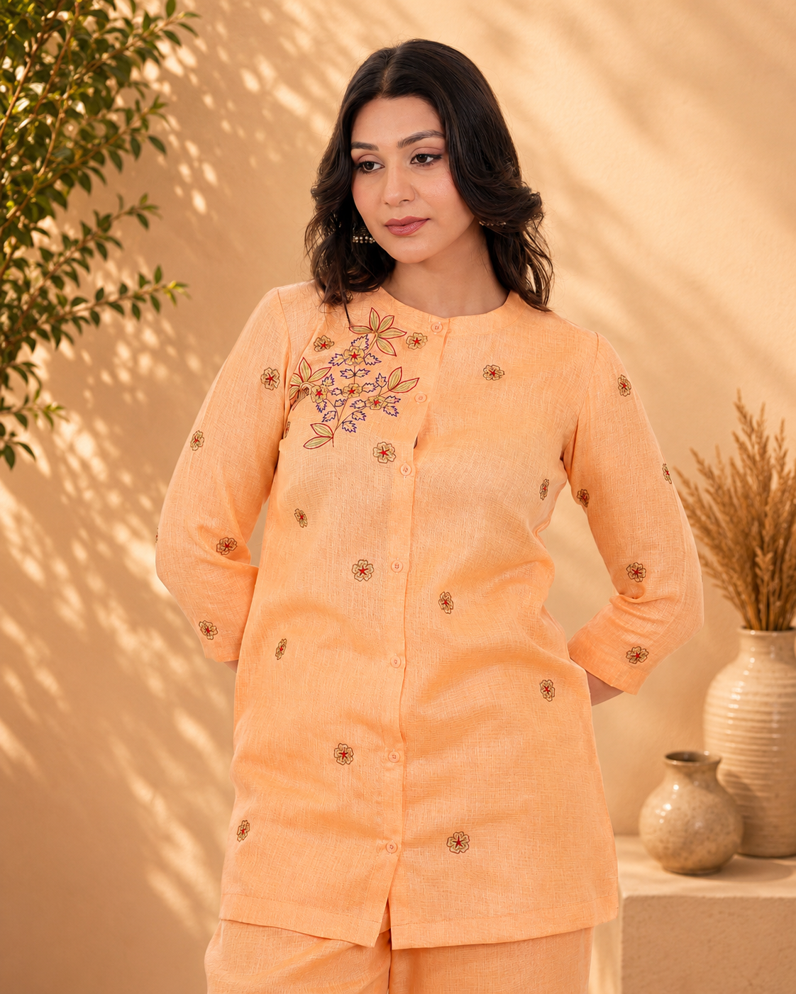 Peach Hand Embroidered Linen Blend Co-ord Set