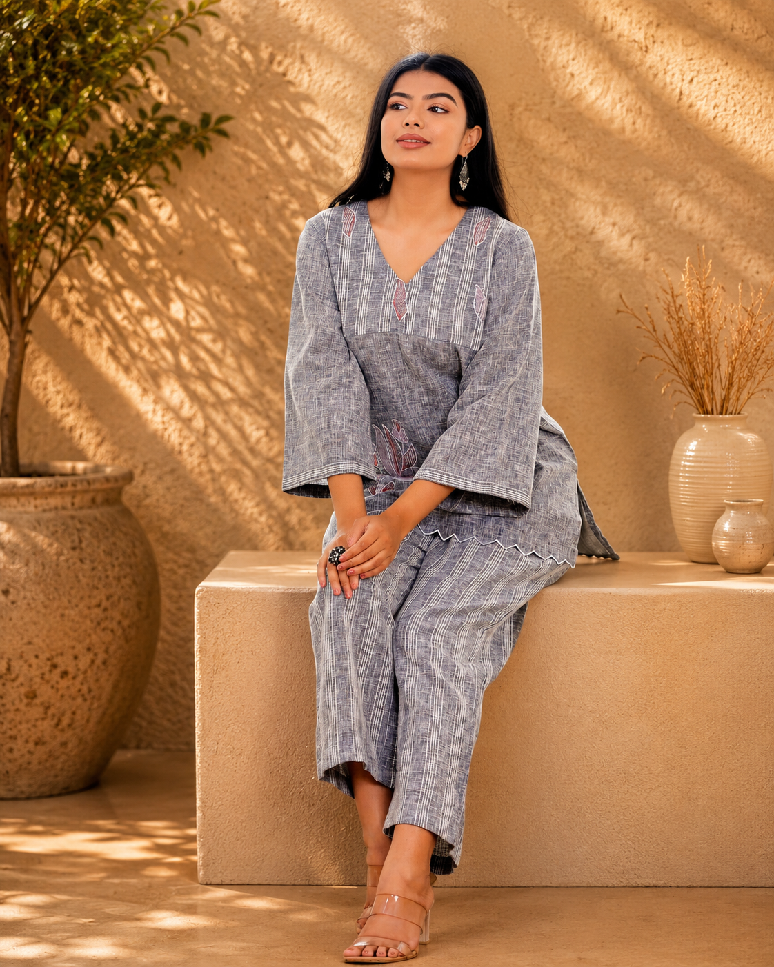Bluish Grey Linen Blend Co-ord Set with Embroidery