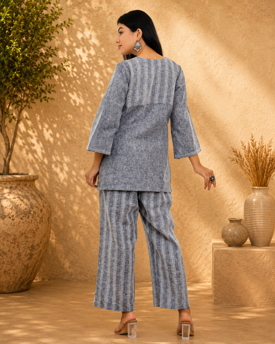 Bluish Grey Linen Blend Co-ord Set with Embroidery