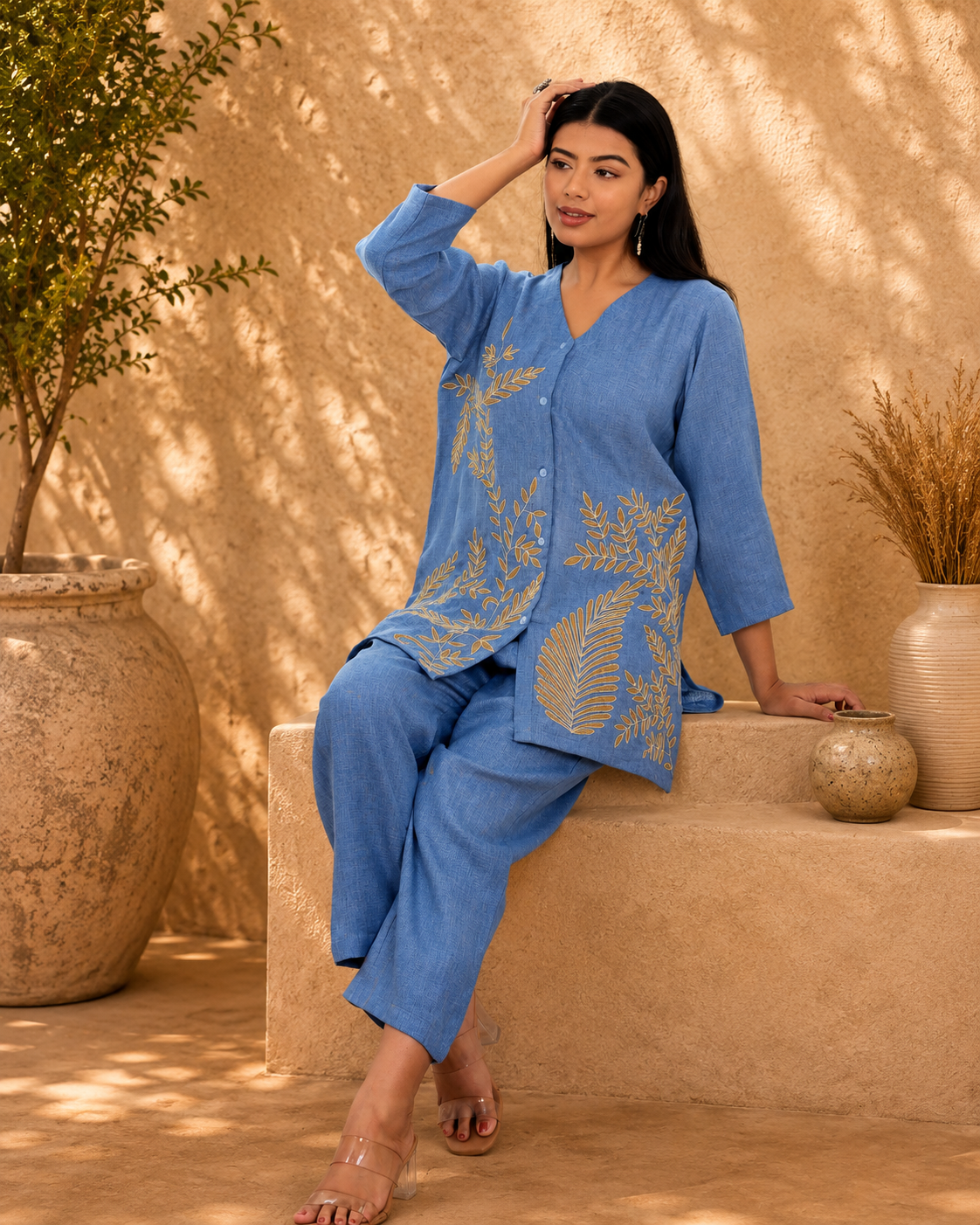 Blue with Beige Embroidery/Appliqué Work Co-ord Set