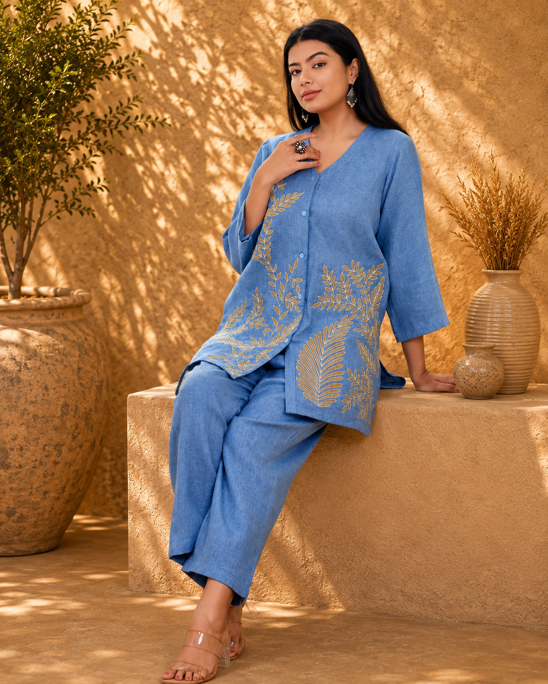 Blue with Beige Embroidery/Appliqué Work Co-ord Set