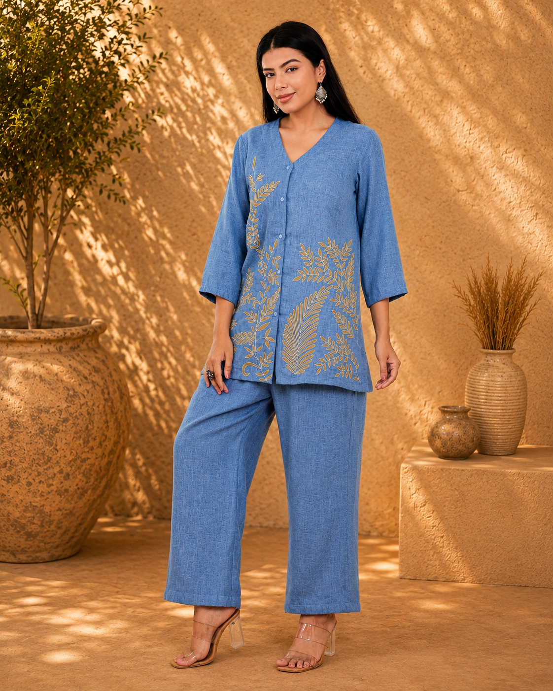 Blue with Beige Embroidery/Appliqué Work Co-ord Set