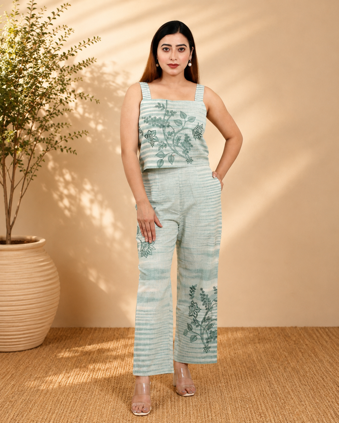Sage Green Khadi Co-ord Set with Embroidery and Spaghetti Top