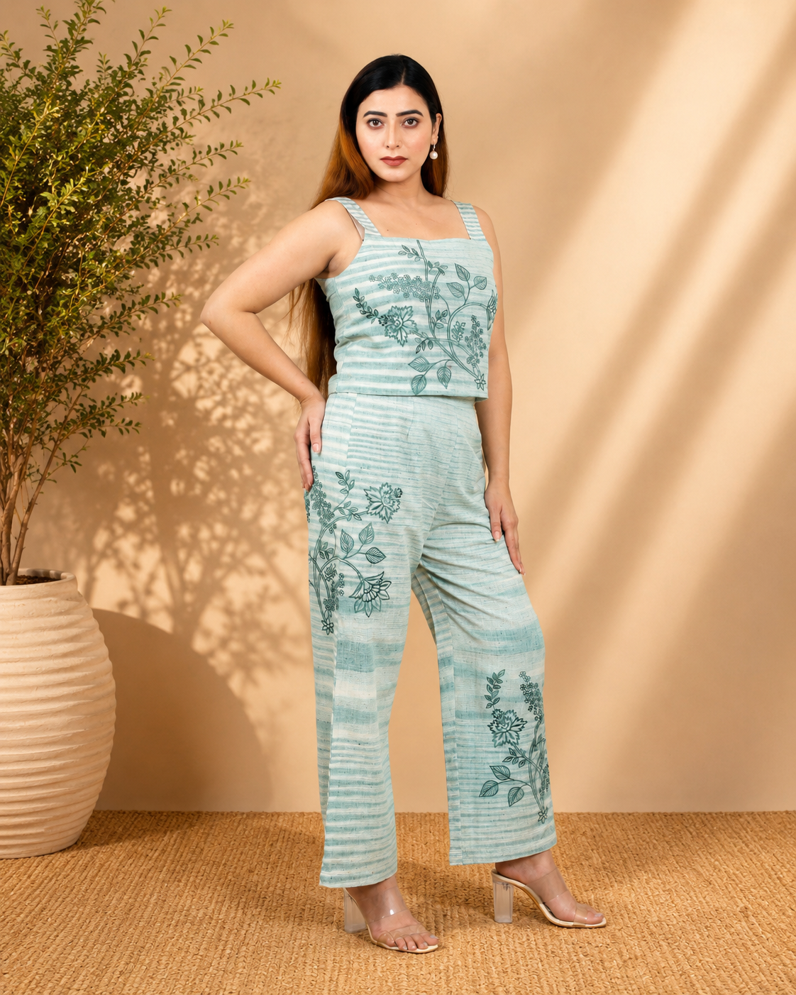 Sage Green Khadi Co-ord Set with Embroidery and Spaghetti Top
