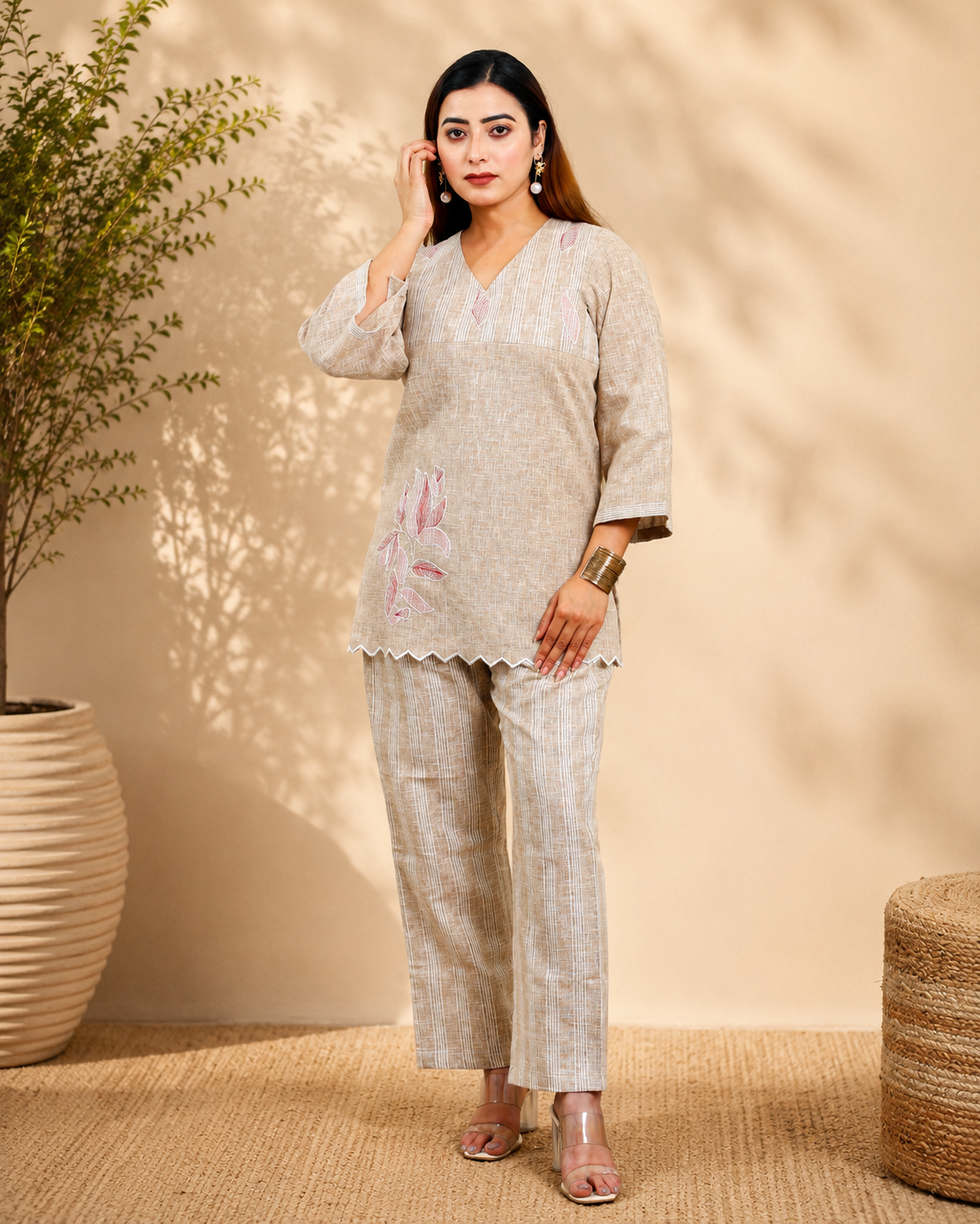 Beige Linen Blend Co-ord Set with Appliqué and Embroidery