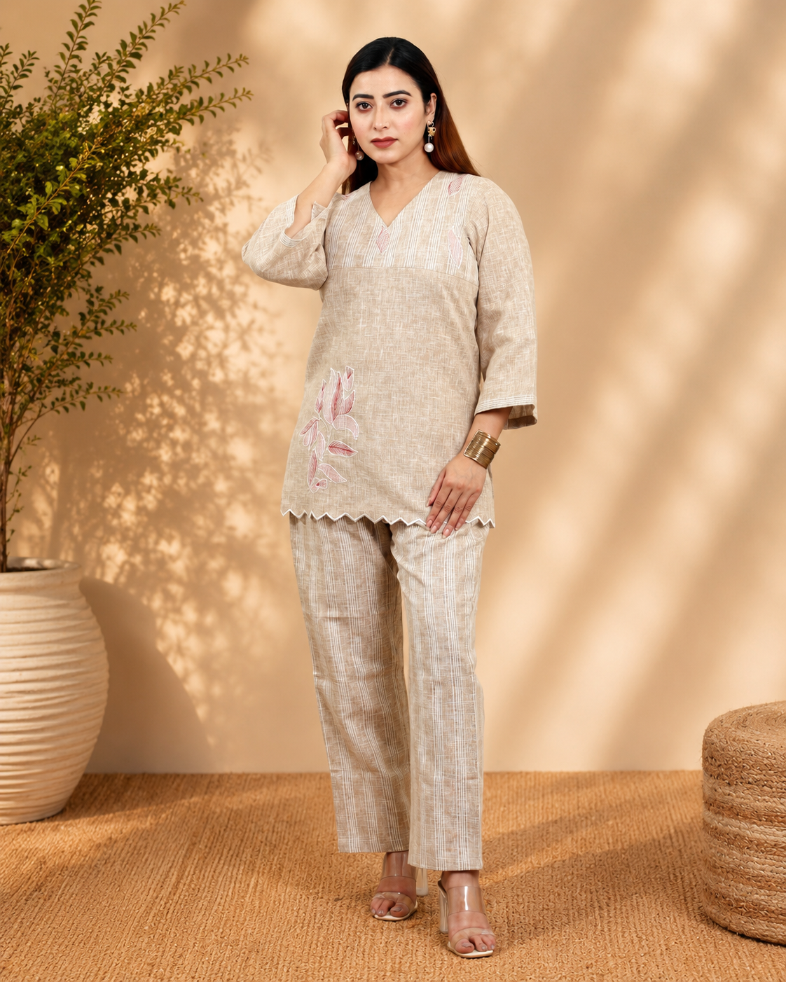 Beige Linen Blend Co-ord Set with Appliqué and Embroidery