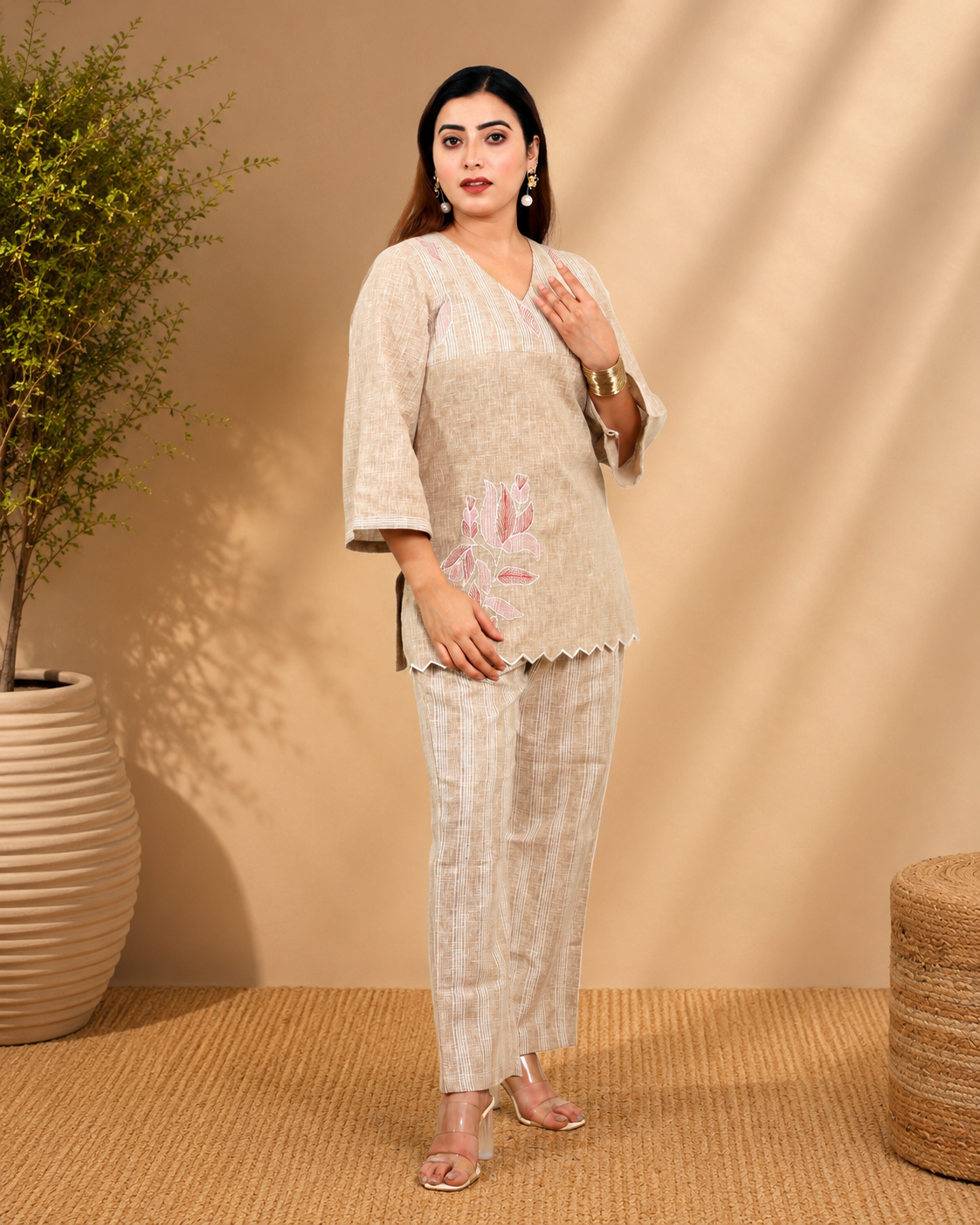 Beige Linen Blend Co-ord Set with Appliqué and Embroidery