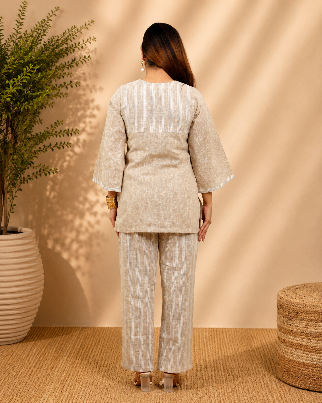 Beige Linen Blend Co-ord Set with Appliqué and Embroidery
