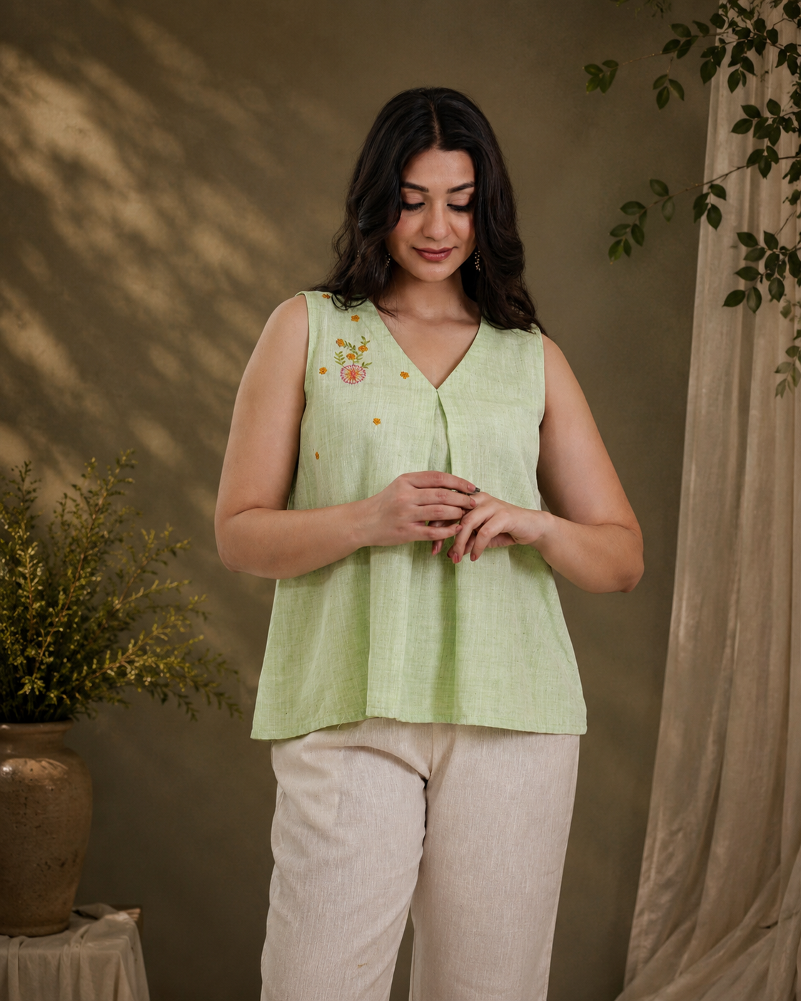 Pista Green Handwoven Khadi Pleated Top with Minimal Embroidery