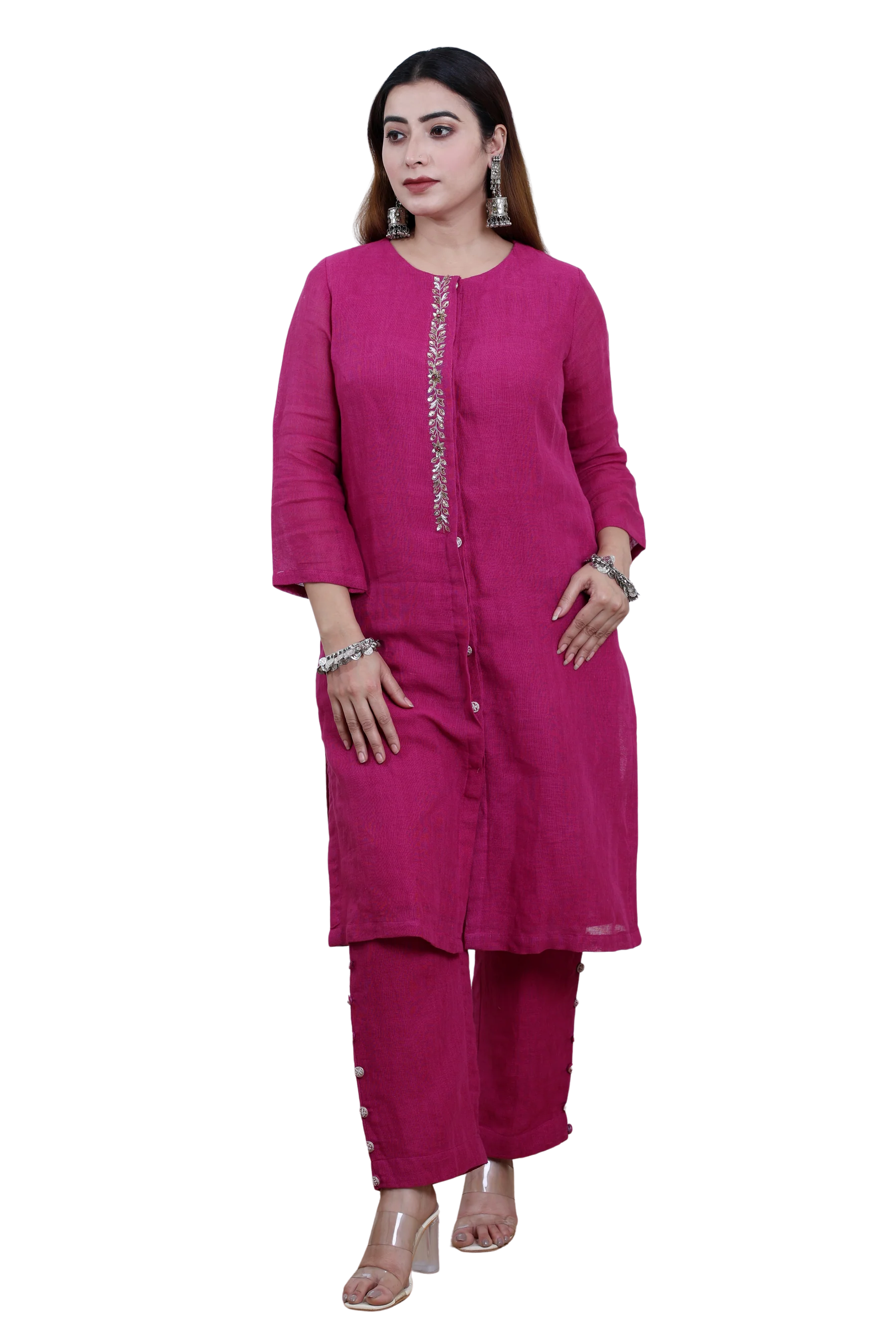 Deep Purple Linen Kurta  Set/Co-ord Set with Hand Embroidery