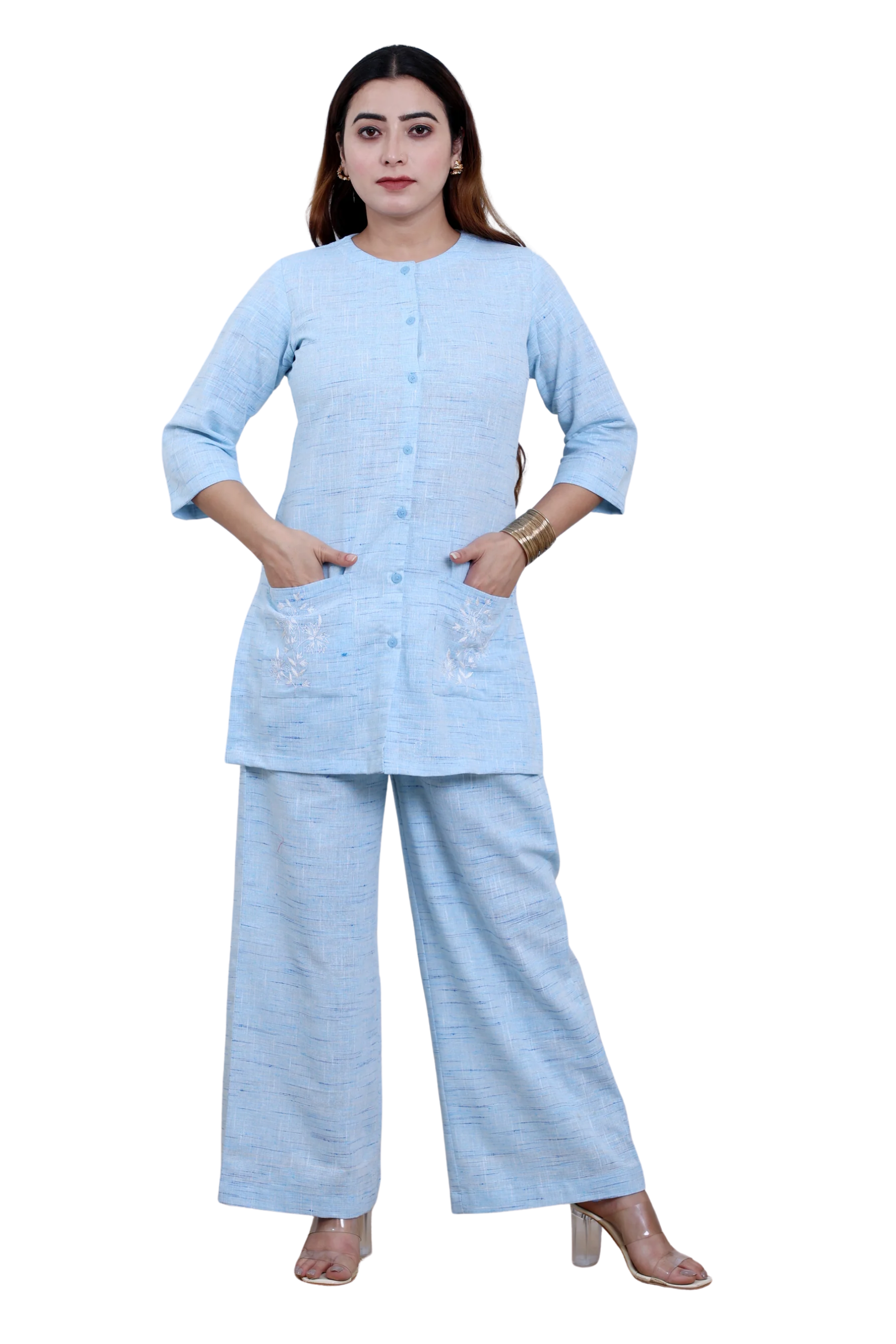 Ice Blue Handwoven Khadi Co-ord Set with Embroidered Pockets