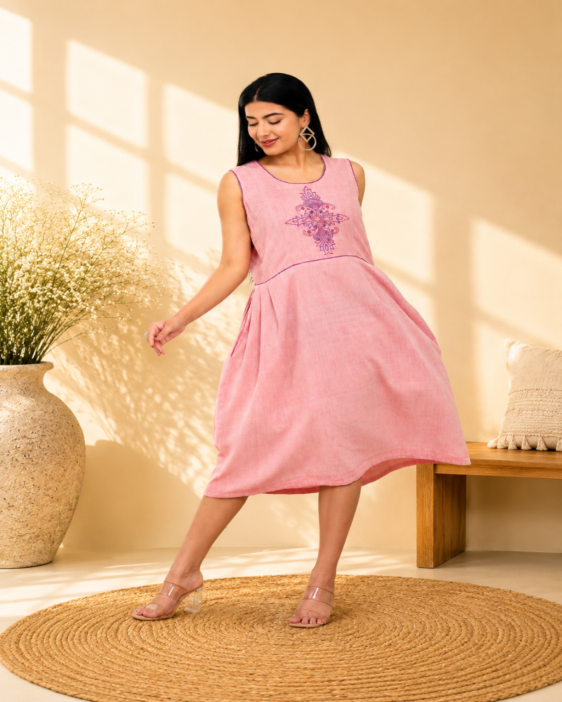Blush Pink Handwoven Khadi Sleeveless Dress with Hand Embroidery