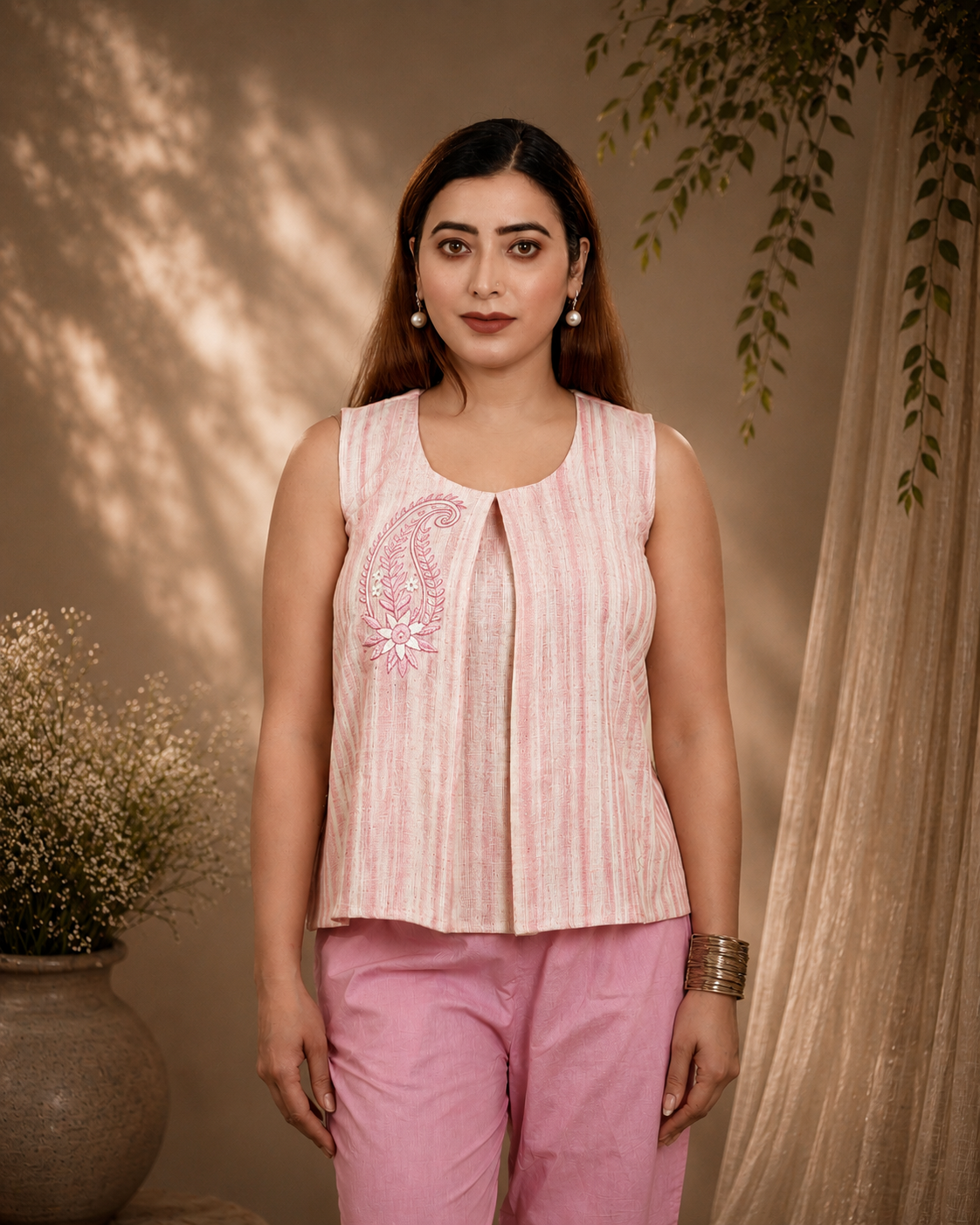 Pink Striped Khadi Pleated Top with Paisley Embroidery