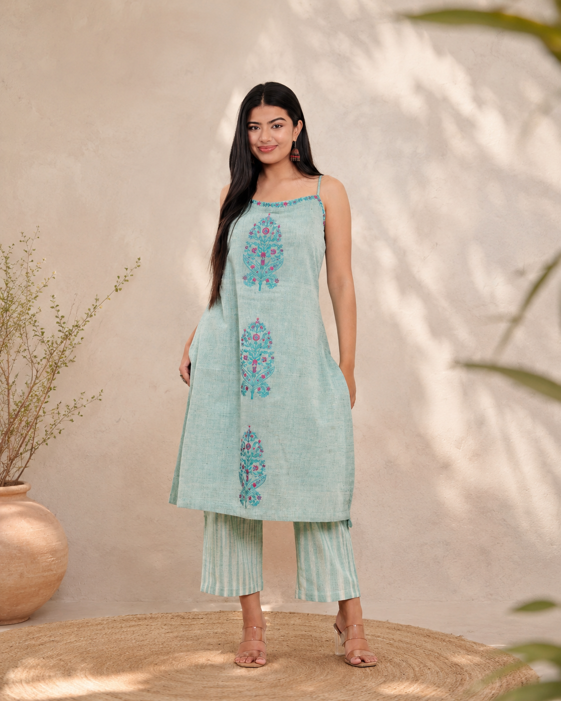 Sage Green Handwoven Khadi Kurta Set with Floral Embroidery