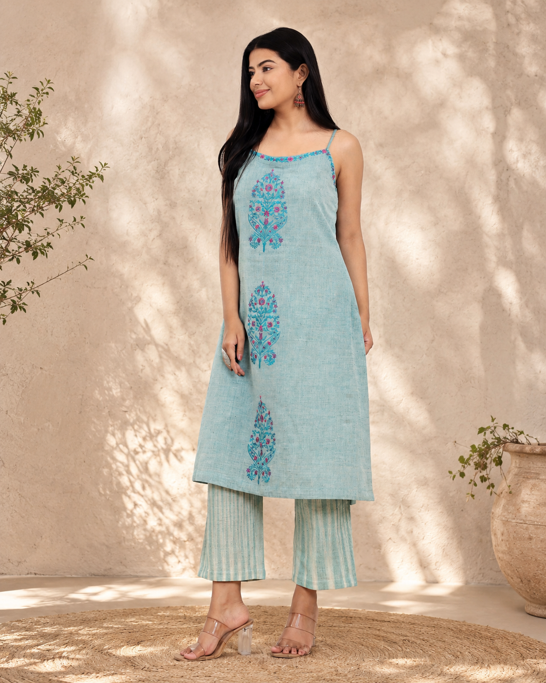 Sage Green Handwoven Khadi Kurta Set with Floral Embroidery