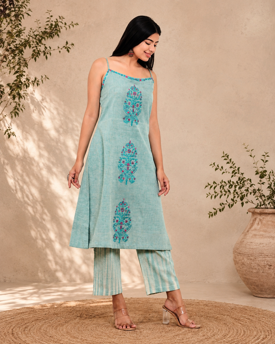 Sage Green Handwoven Khadi Kurta Set with Floral Embroidery