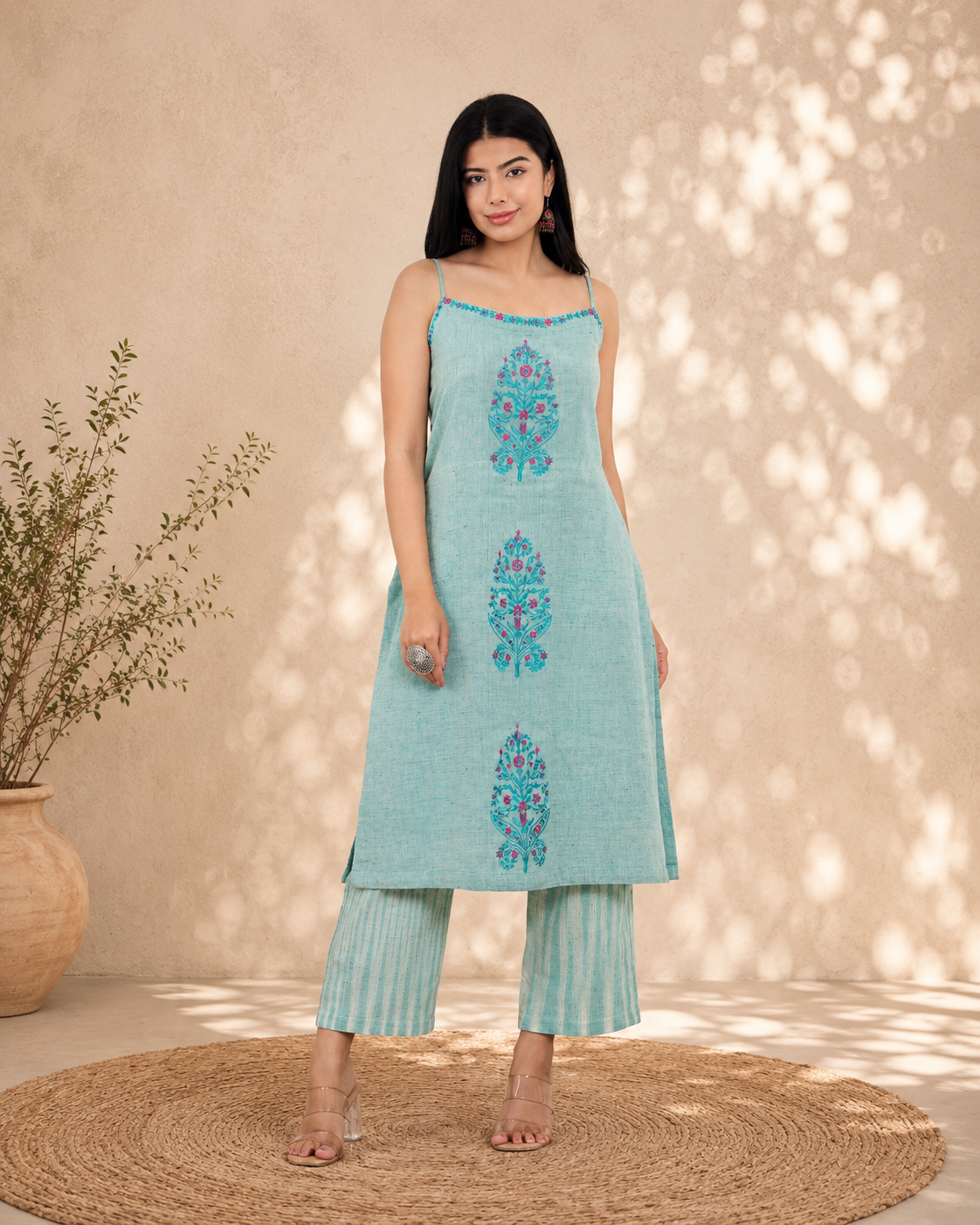 Sage Green Handwoven Khadi Kurta Set with Floral Embroidery