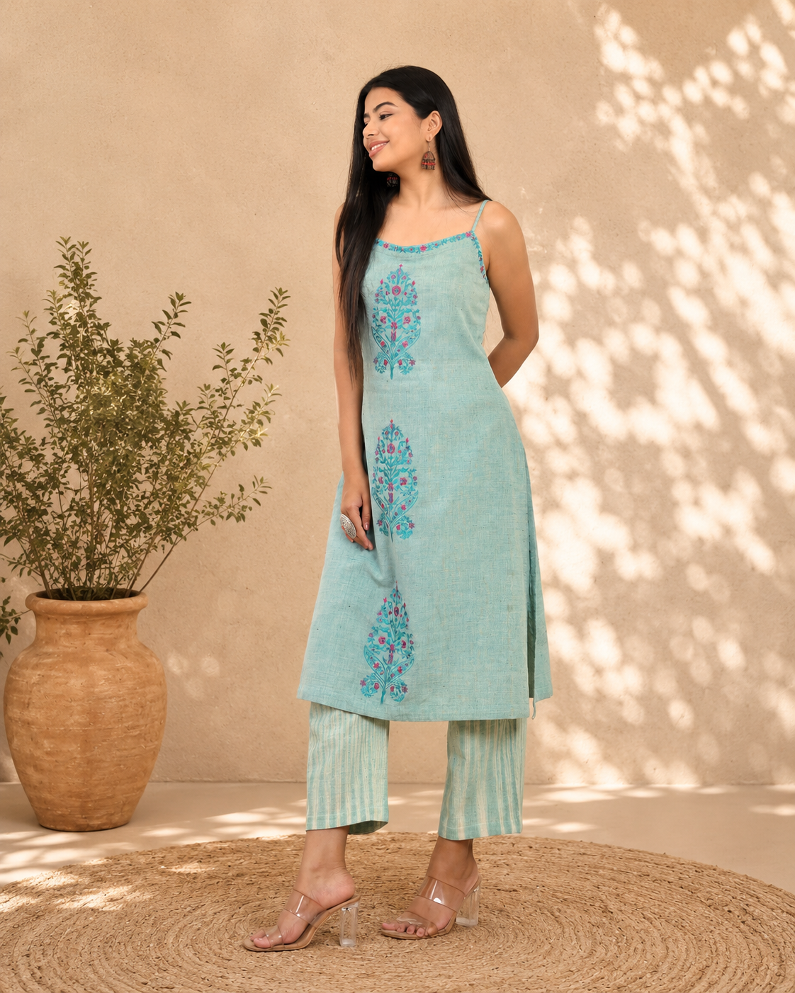 Sage Green Handwoven Khadi Kurta Set with Floral Embroidery