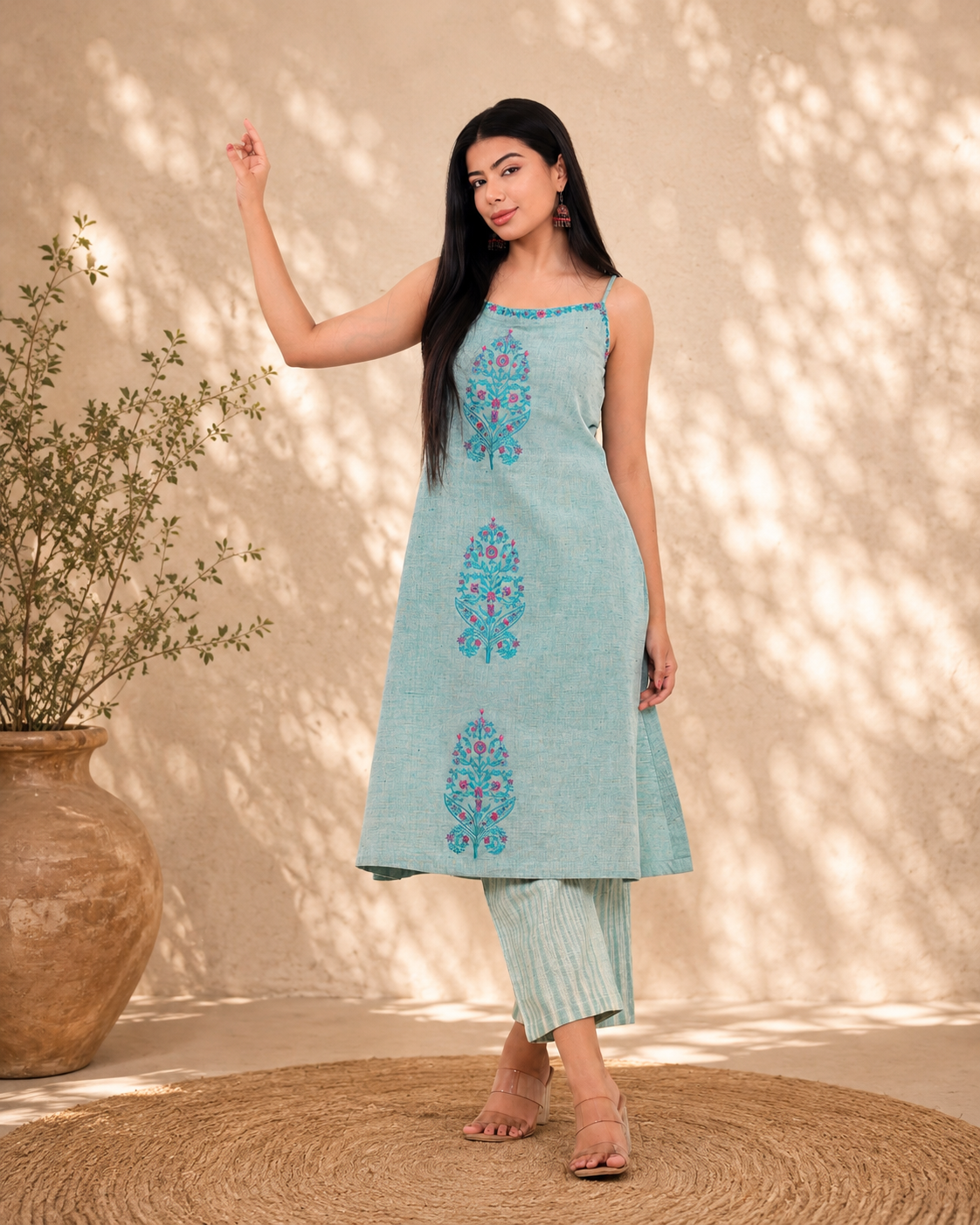 Sage Green Handwoven Khadi Kurta Set with Floral Embroidery