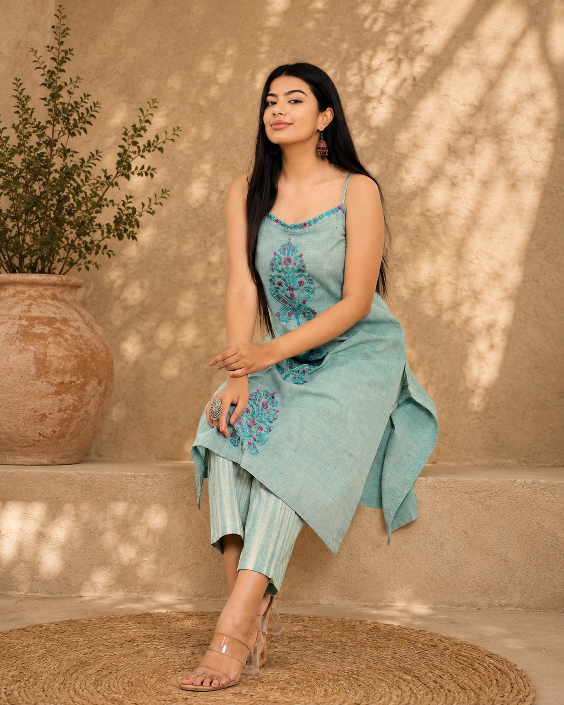 Sage Green Handwoven Khadi Kurta Set with Floral Embroidery