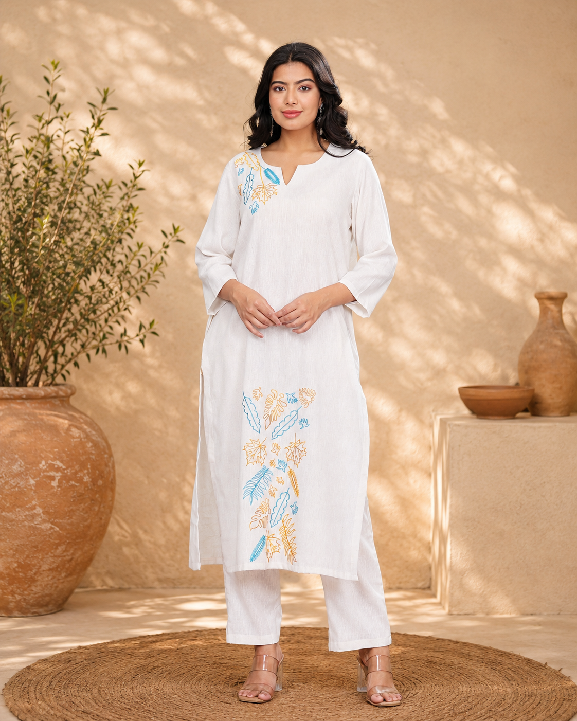 Off White Handloom Kurta Set with Floral Embroidery