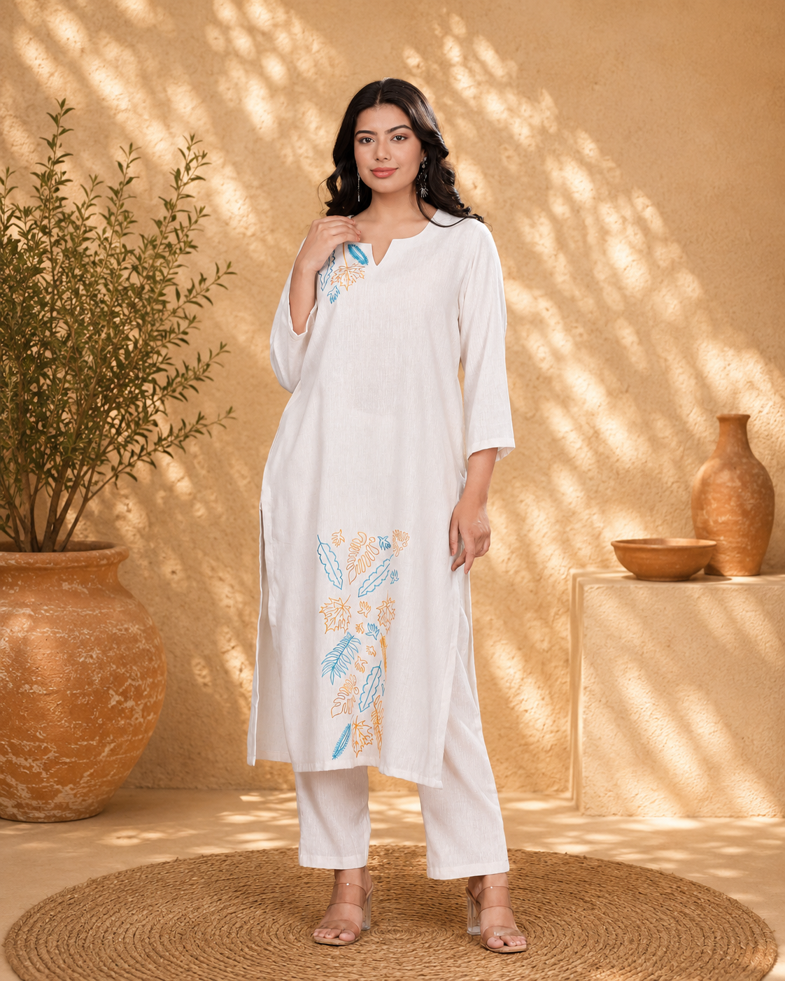 Off White Handloom Kurta Set with Floral Embroidery
