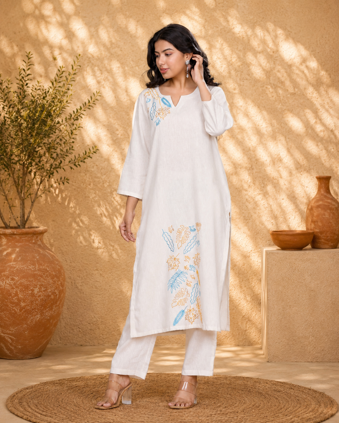 Off White Handloom Kurta Set with Floral Embroidery