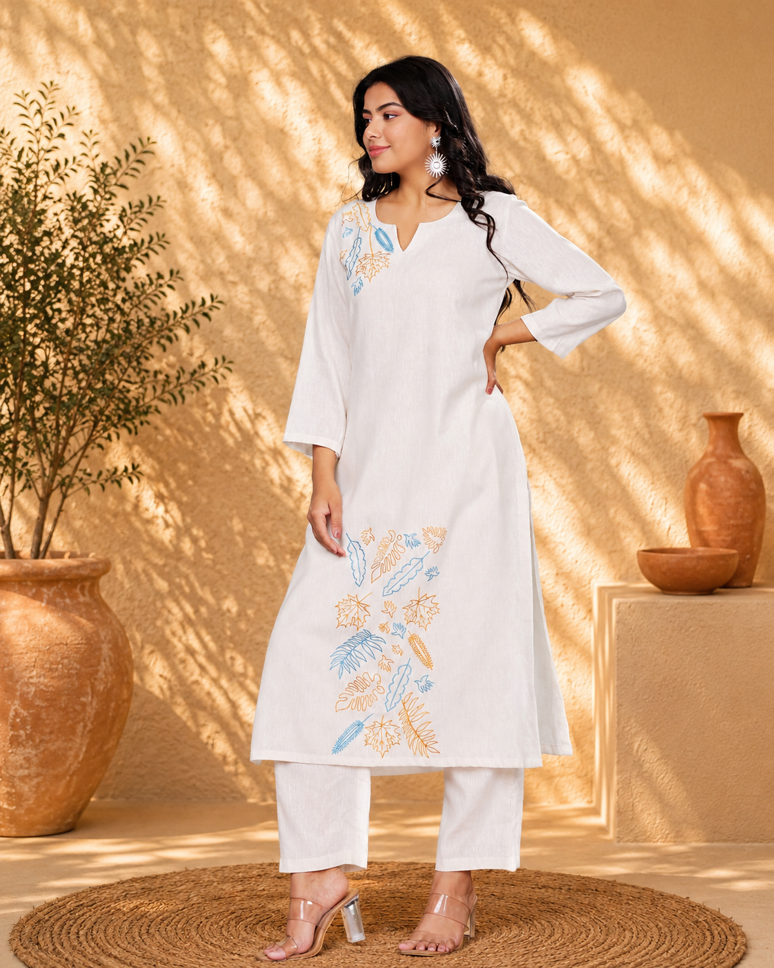 Off White Handloom Kurta Set with Floral Embroidery