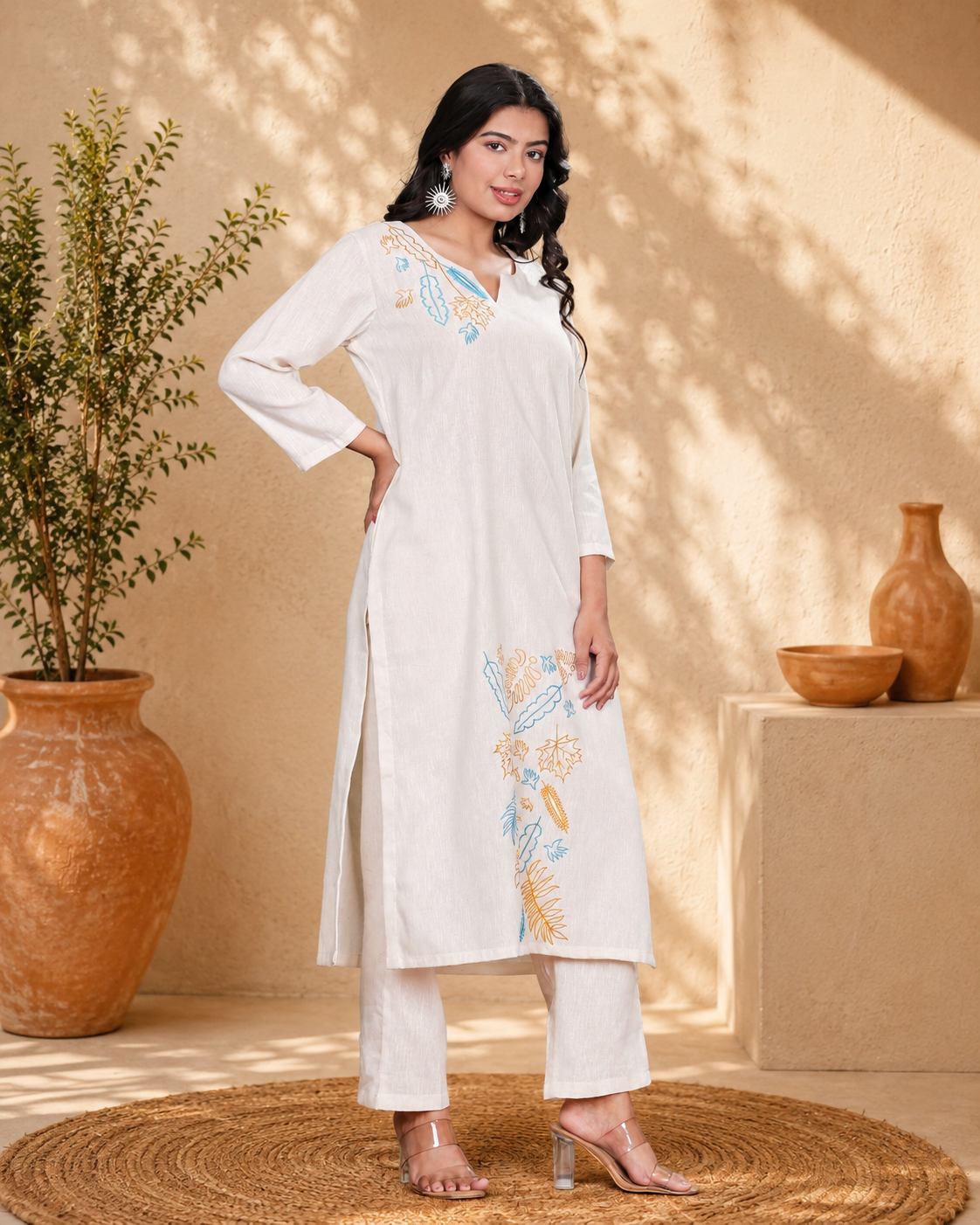 Off White Handloom Kurta Set with Floral Embroidery