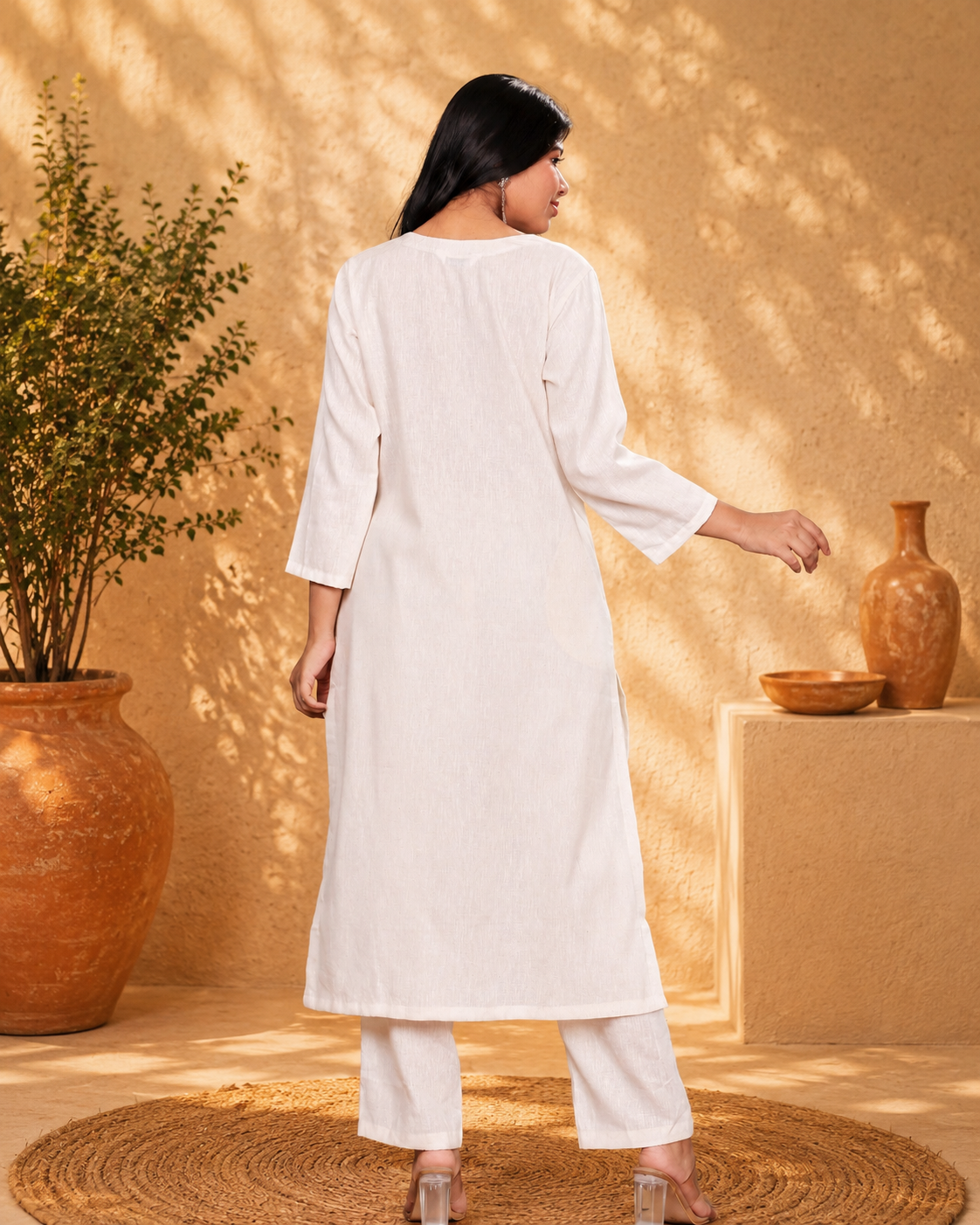 Off White Handloom Kurta Set with Floral Embroidery