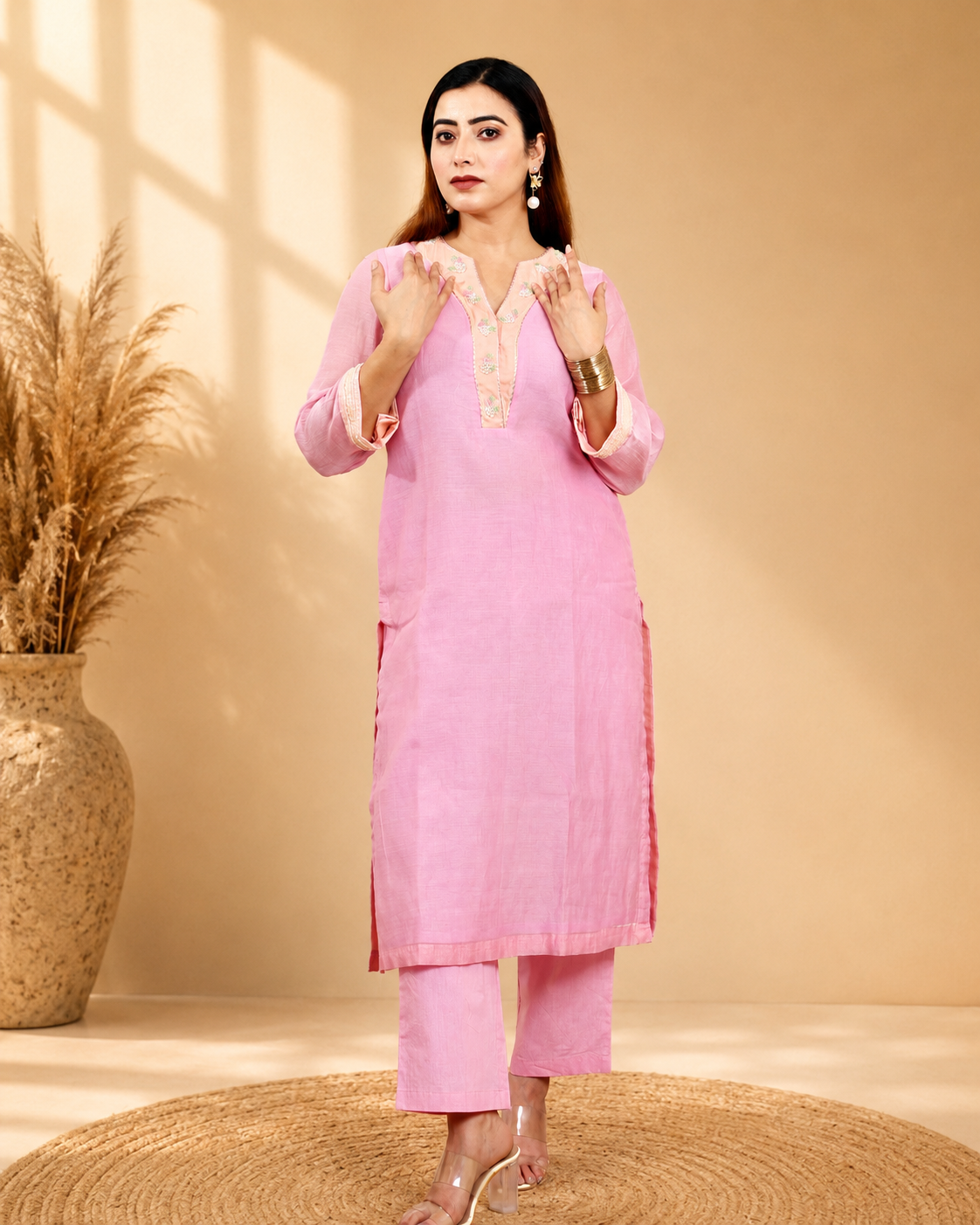 Pink Mul Chanderi Kurta Set with Poplin Pants and Hand Embroidery