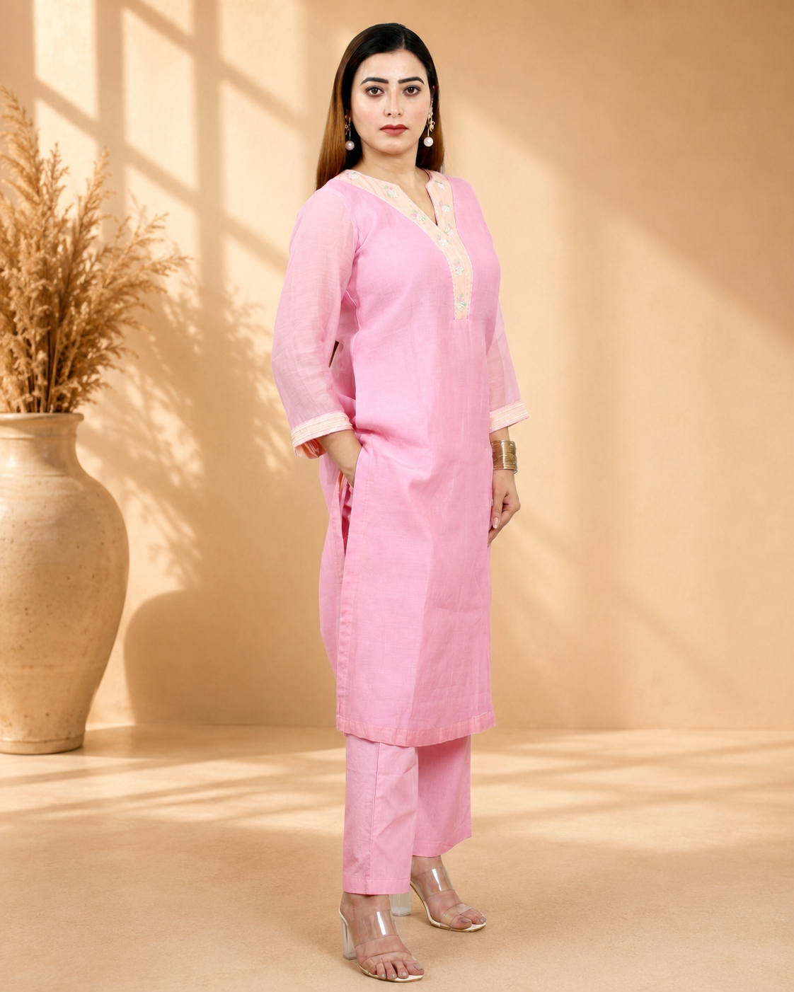 Pink Mul Chanderi Kurta Set with Poplin Pants and Hand Embroidery