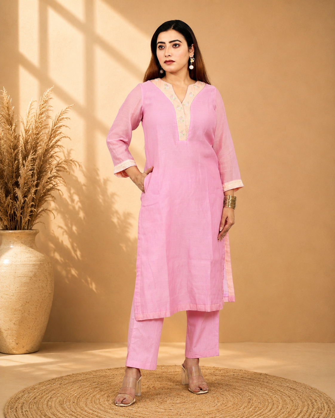 Pink Mul Chanderi Kurta Set with Poplin Pants and Hand Embroidery