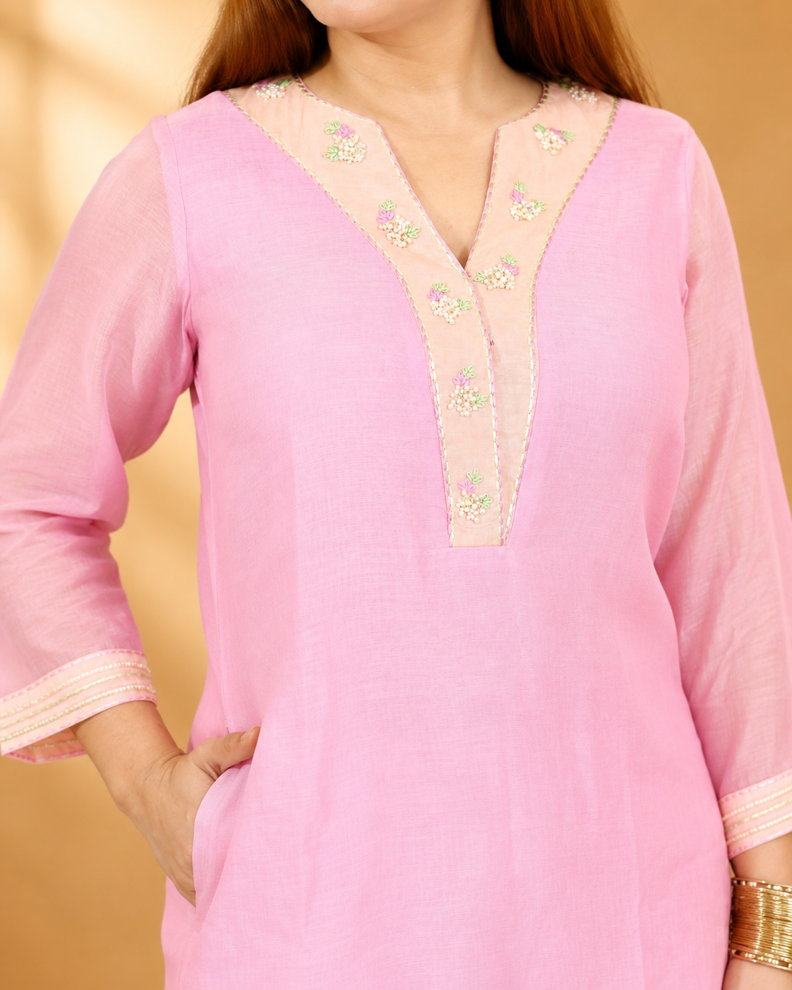 Pink Mul Chanderi Kurta Set with Poplin Pants and Hand Embroidery