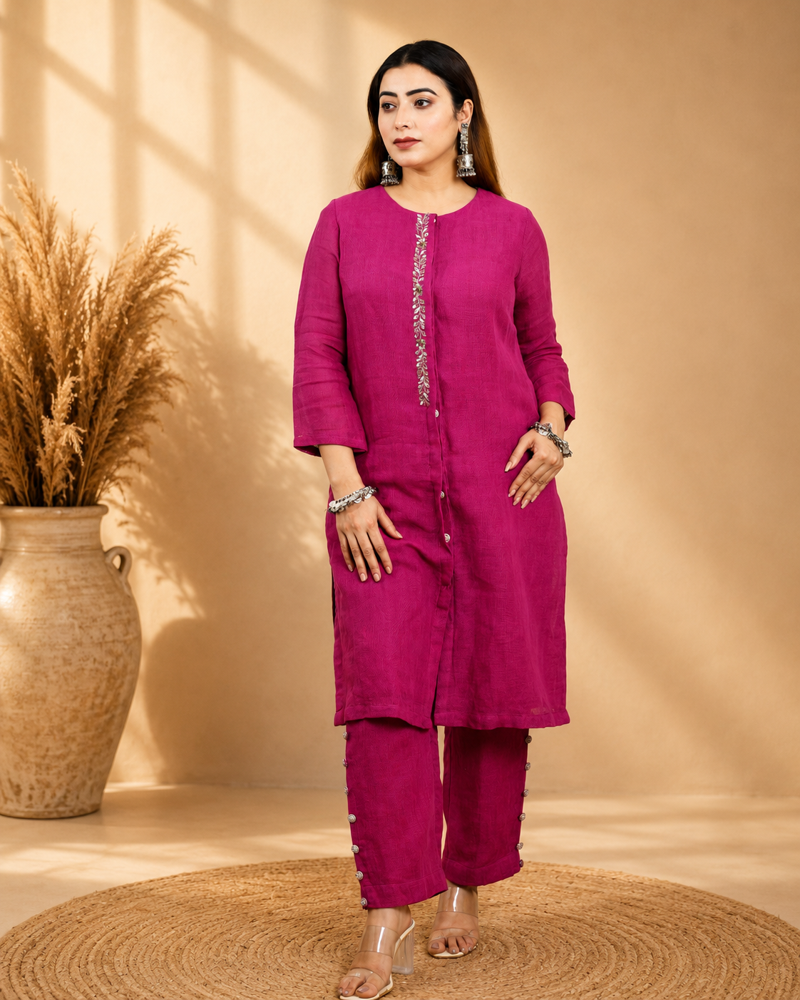 Deep Purple Linen Kurta Set/Co-ord Set with Hand Embroidery