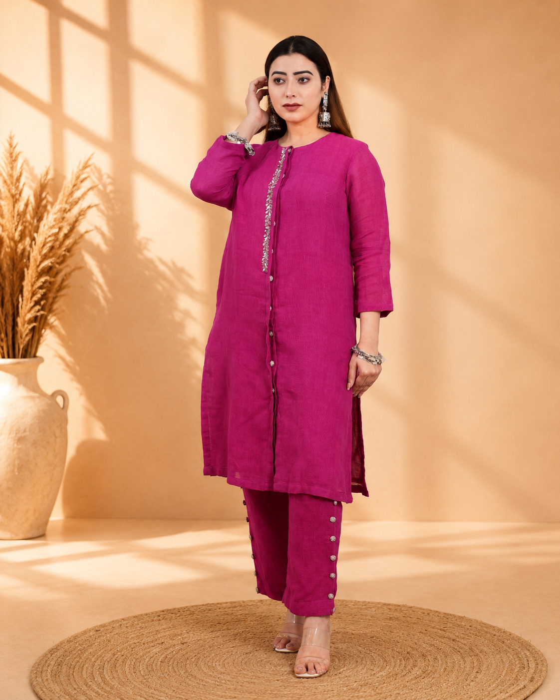 Deep Purple Linen Kurta Set/Co-ord Set with Hand Embroidery