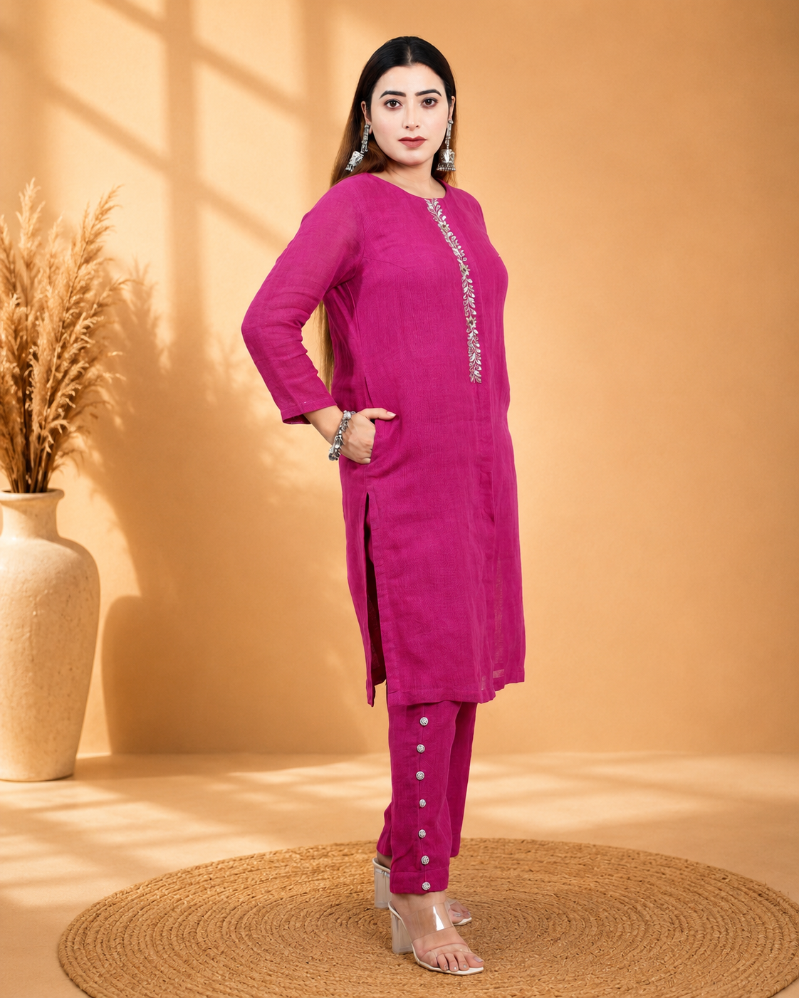 Deep Purple Linen Kurta Set/Co-ord Set with Hand Embroidery