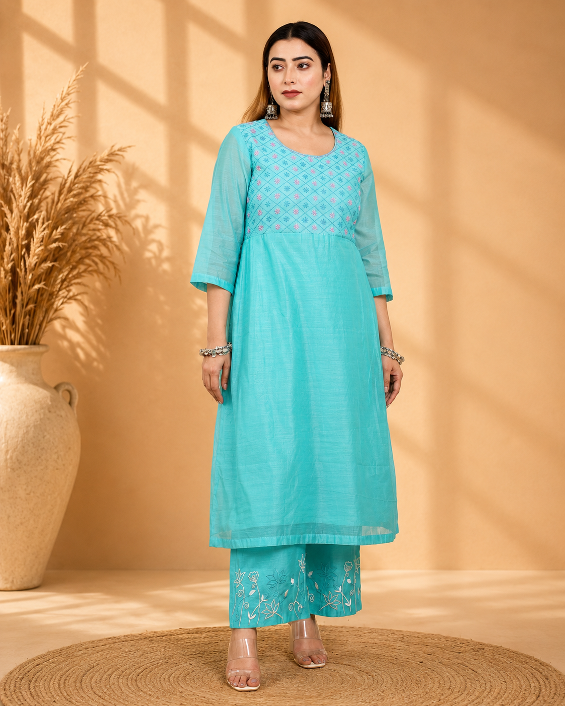Sea Green Chanderi Angrakha Set with Hand Embroidery