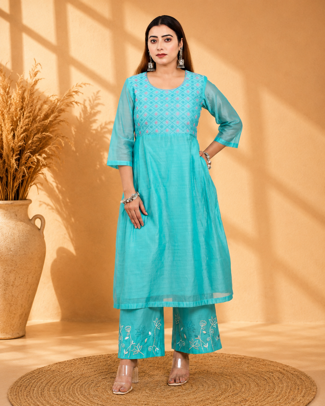 Sea Green Chanderi Angrakha Set with Hand Embroidery