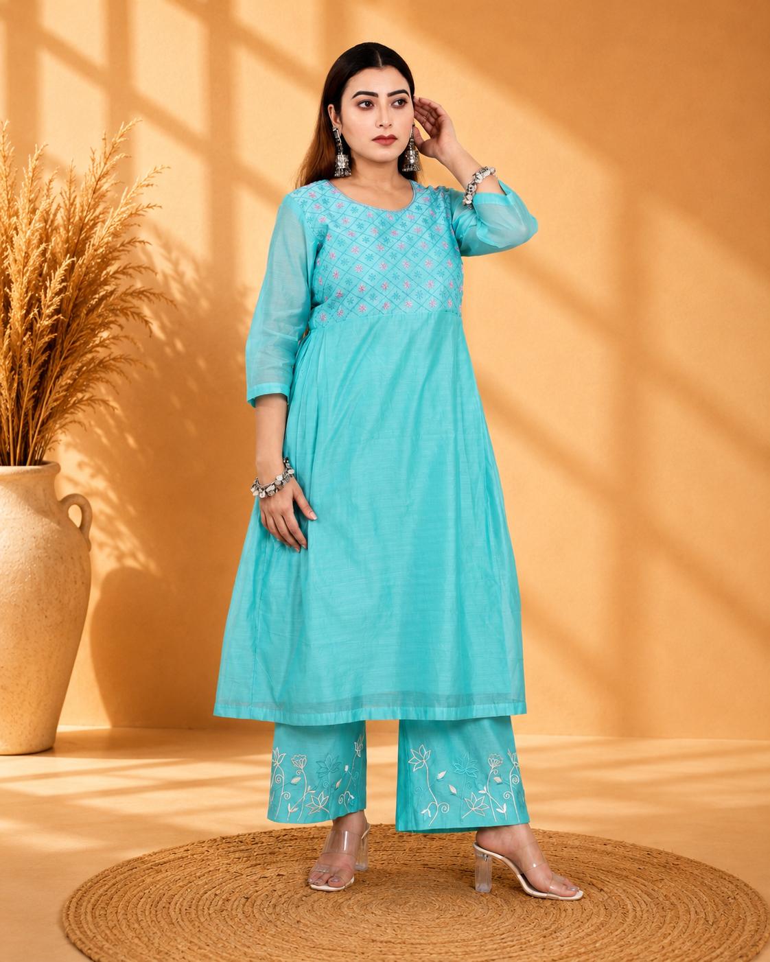 Sea Green Chanderi Angrakha Set with Hand Embroidery