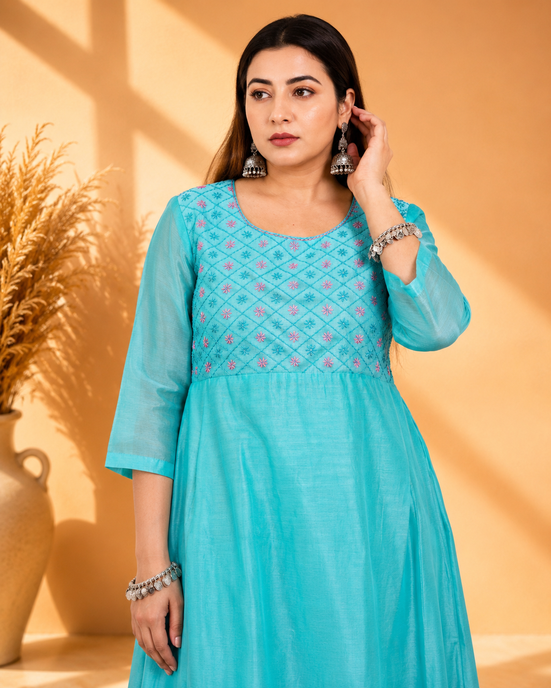 Sea Green Chanderi Angrakha Set with Hand Embroidery
