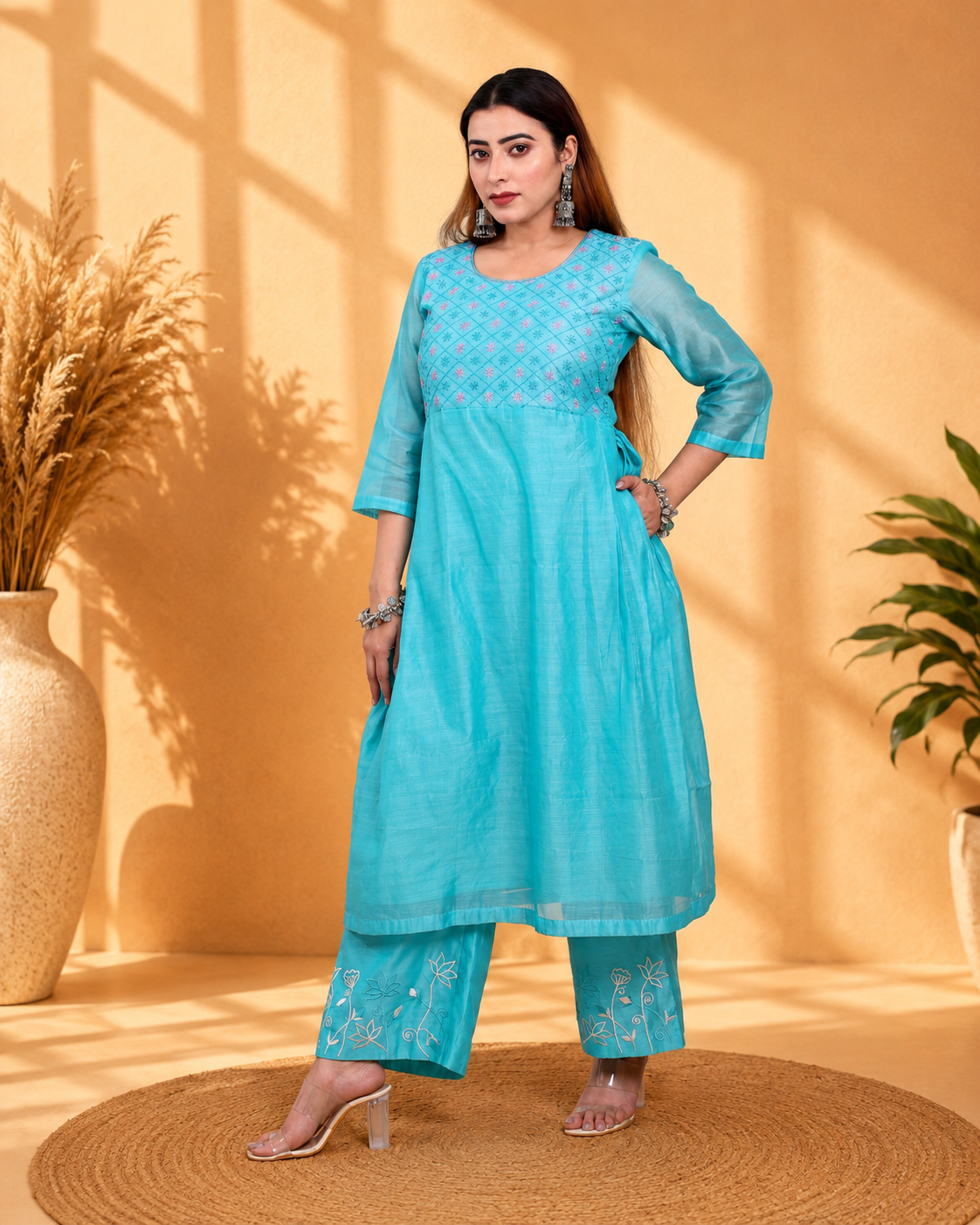 Sea Green Chanderi Angrakha Set with Hand Embroidery