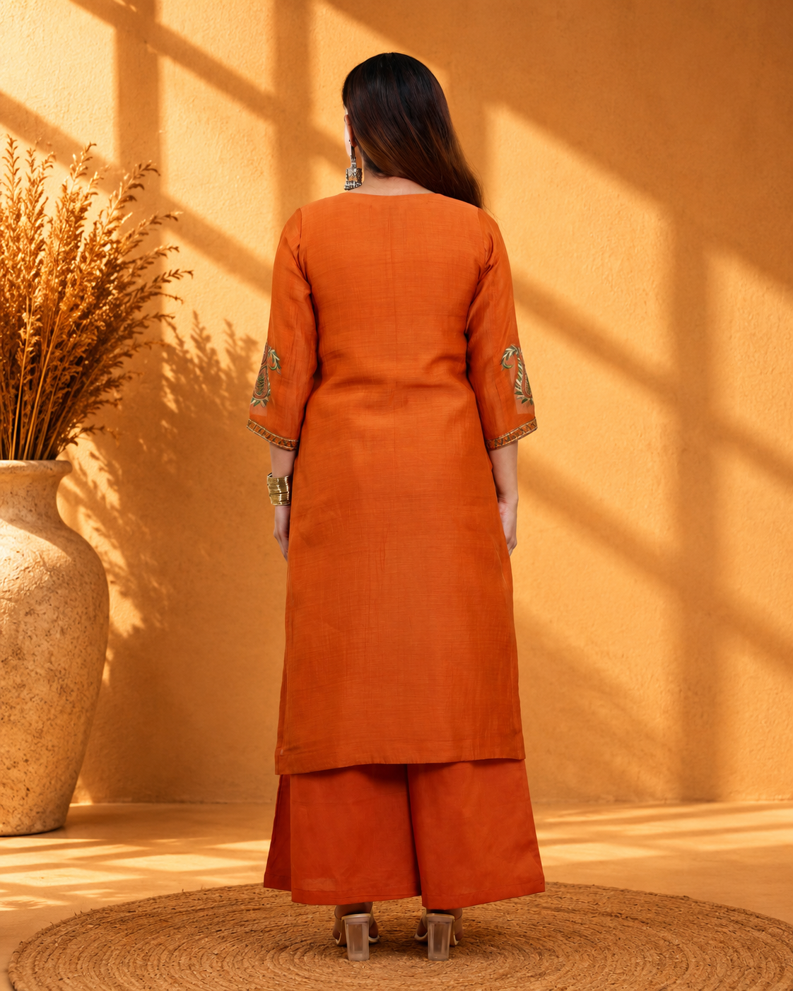 Rust Mul Chanderi Kurta Set with Palazzo and Paisley Embroidery