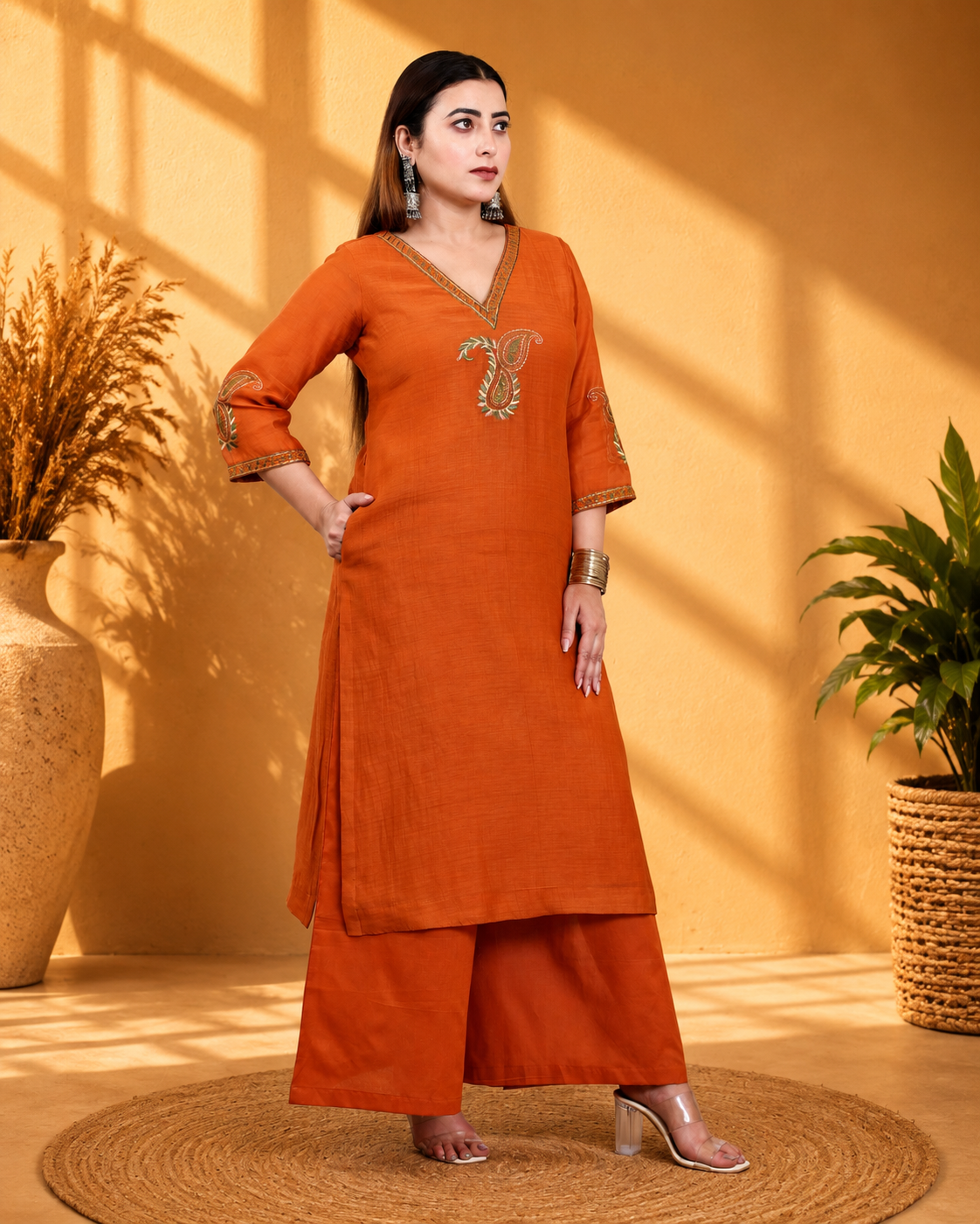 Rust Mul Chanderi Kurta Set with Palazzo and Paisley Embroidery