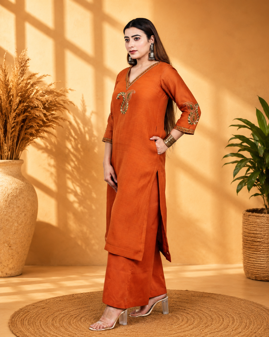 Rust Mul Chanderi Kurta Set with Palazzo and Paisley Embroidery